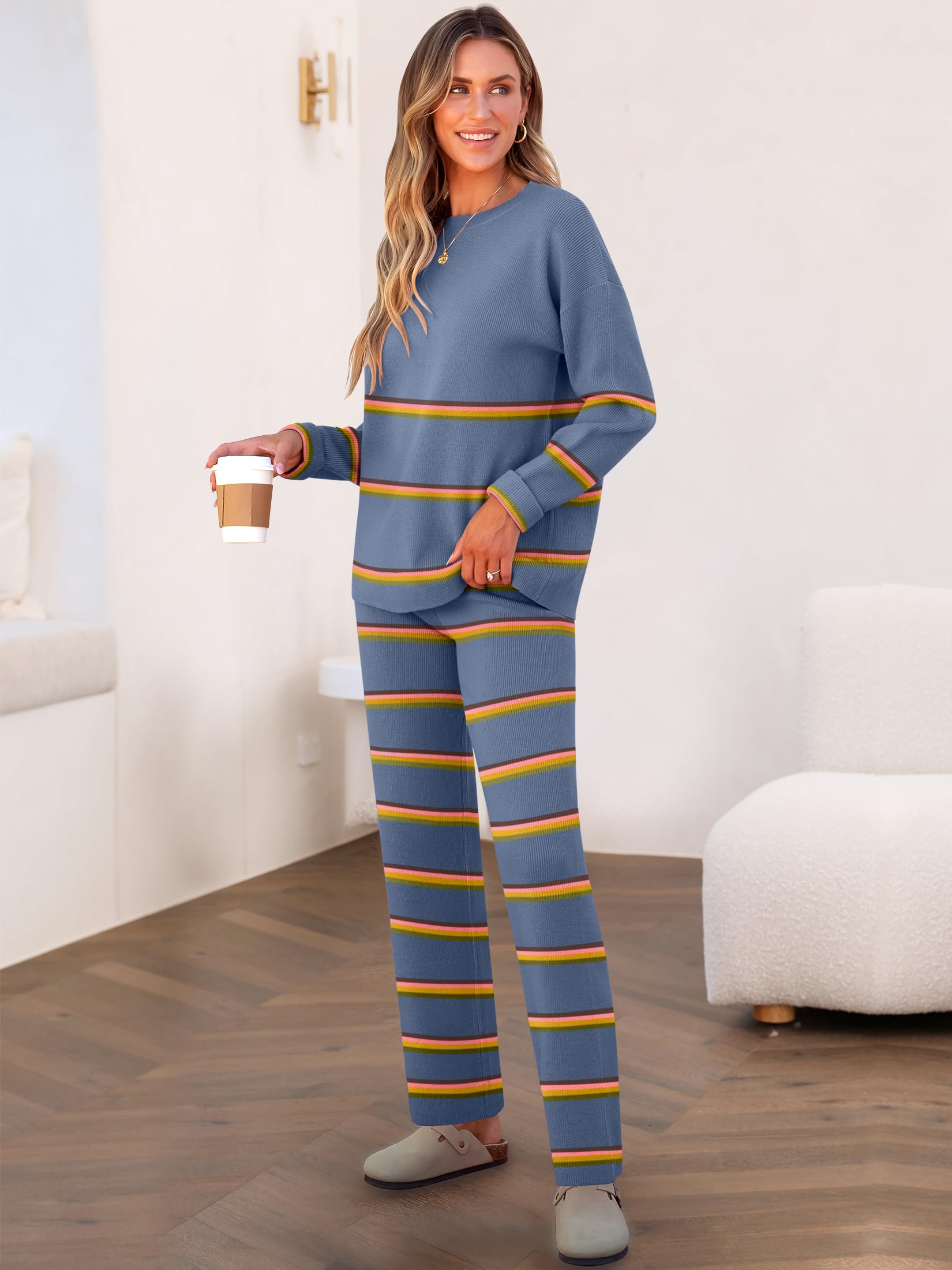 Caracilia Women's 2 Piece Sweater Set - Striped Oversized Knit Sweater with Wide Leg Lounge Pants | Cozy Fall Outfit 2024 | Perfect for Home Relaxation, Casual Outings & Autumn Photoshoots