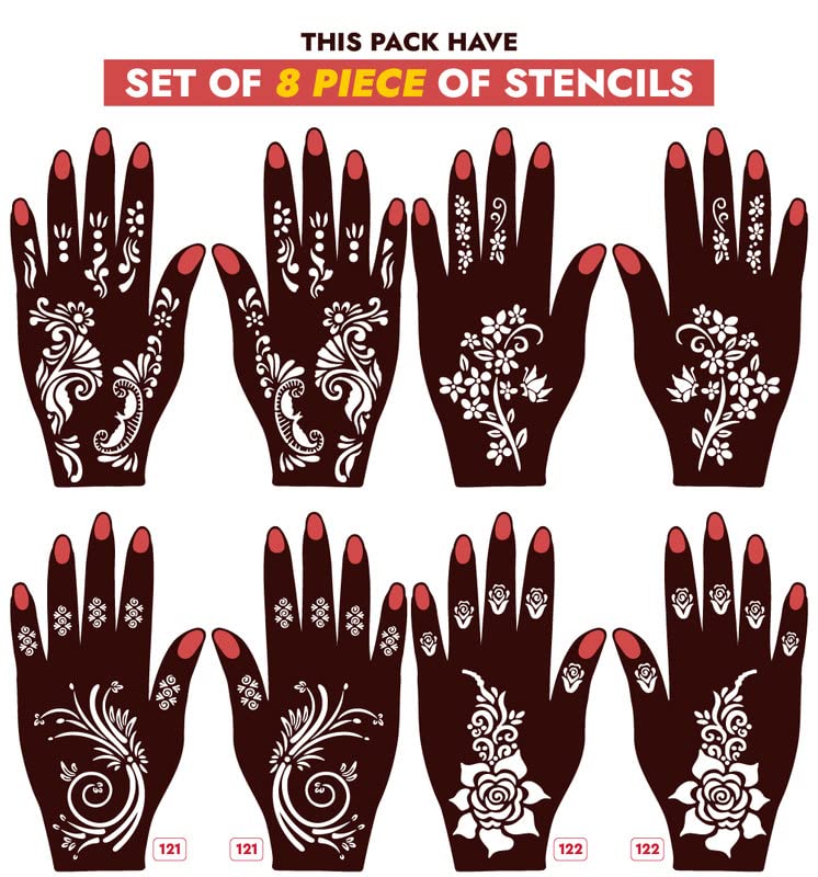 APCUTE Temporary Tattoo Stencil Kit - 8 Pc Henna Design Stickers for Hands, Easy to Apply for Girls, Women & Kids | Perfect for Parties, Festivals & DIY Body Art