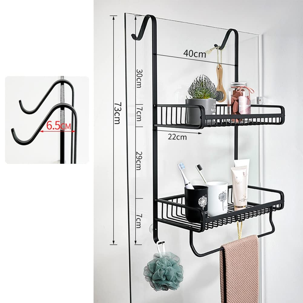 Over The Door Hanging Storage Organizer - Heavy Duty Spice Rack Shelf with Hooks & Towel Bar - Space Saving Solution for Bathroom, Kitchen, Pantry (Black, 2 Baskets, 40cm) - Perfect for Small Spaces, Apartment Living & Organization Needs