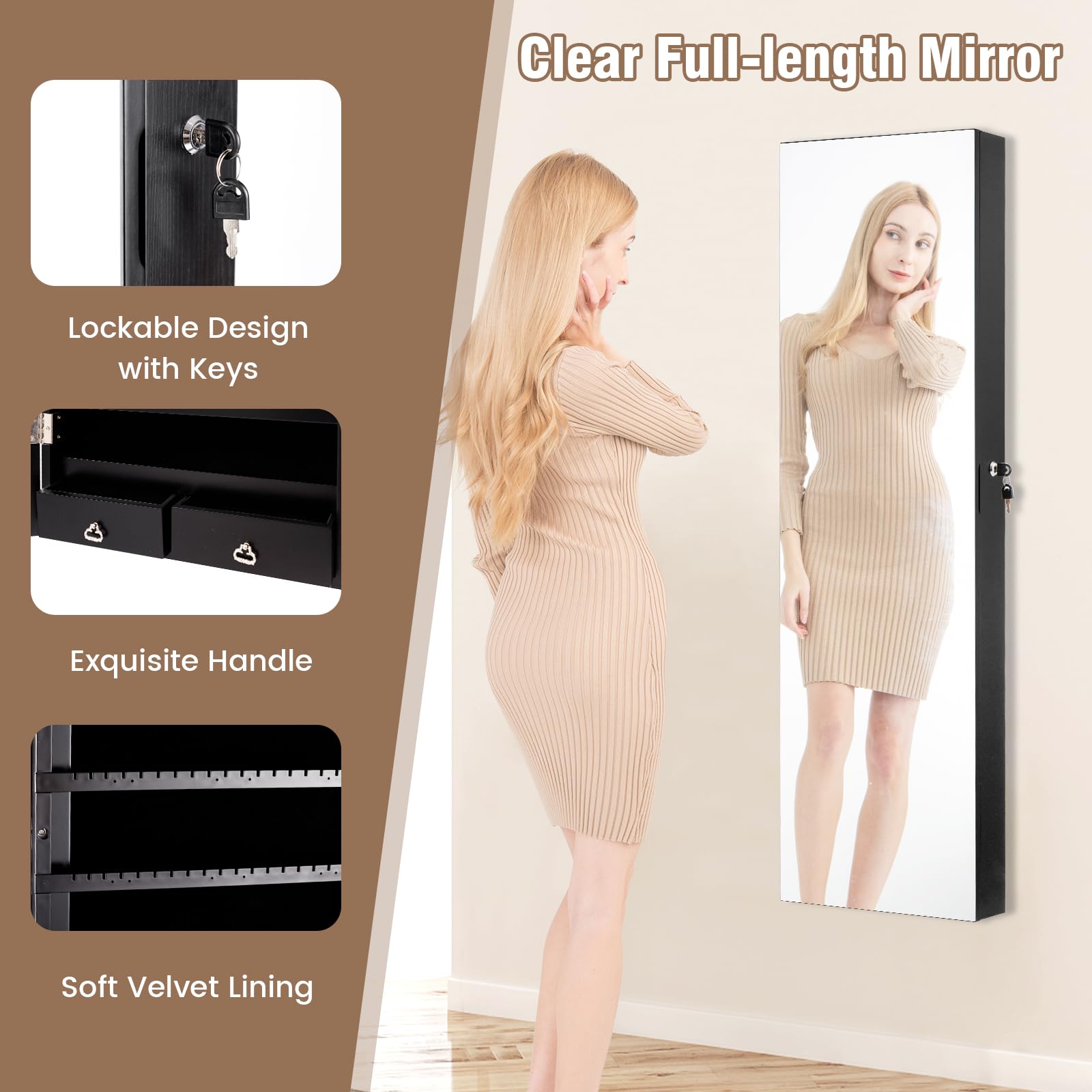 Black Jewelry Armoire with LED Lights & Drawers - Bedroom Storage Organizer for Necklaces & Rings
