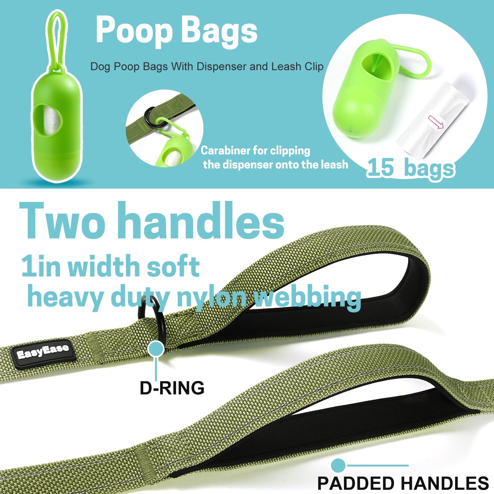 30FT Heavy Duty Reflective Dog Leash with 2 Soft Padded Handles - Durable Training & Walking Lead for Small, Medium & Large Dogs - Perfect for Outdoor Adventures, Jogging, Hiking and Nighttime Safety