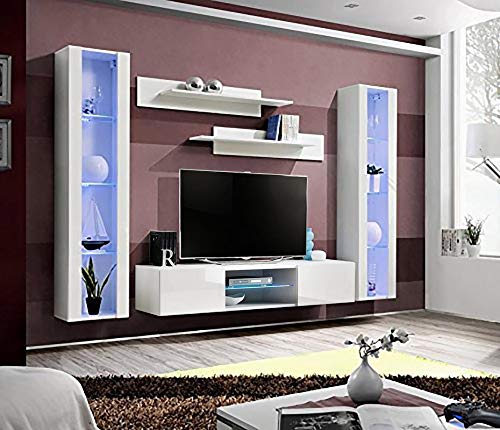 Modern Floating TV Stand with Storage & LED Lights - Wall-Mounted Entertainment Center for Living Room & Bedroom - White Meble Furniture Fly AB2 33 TV Console with Shelves - Perfect for Small Spaces, Apartments and Home Theater Setup