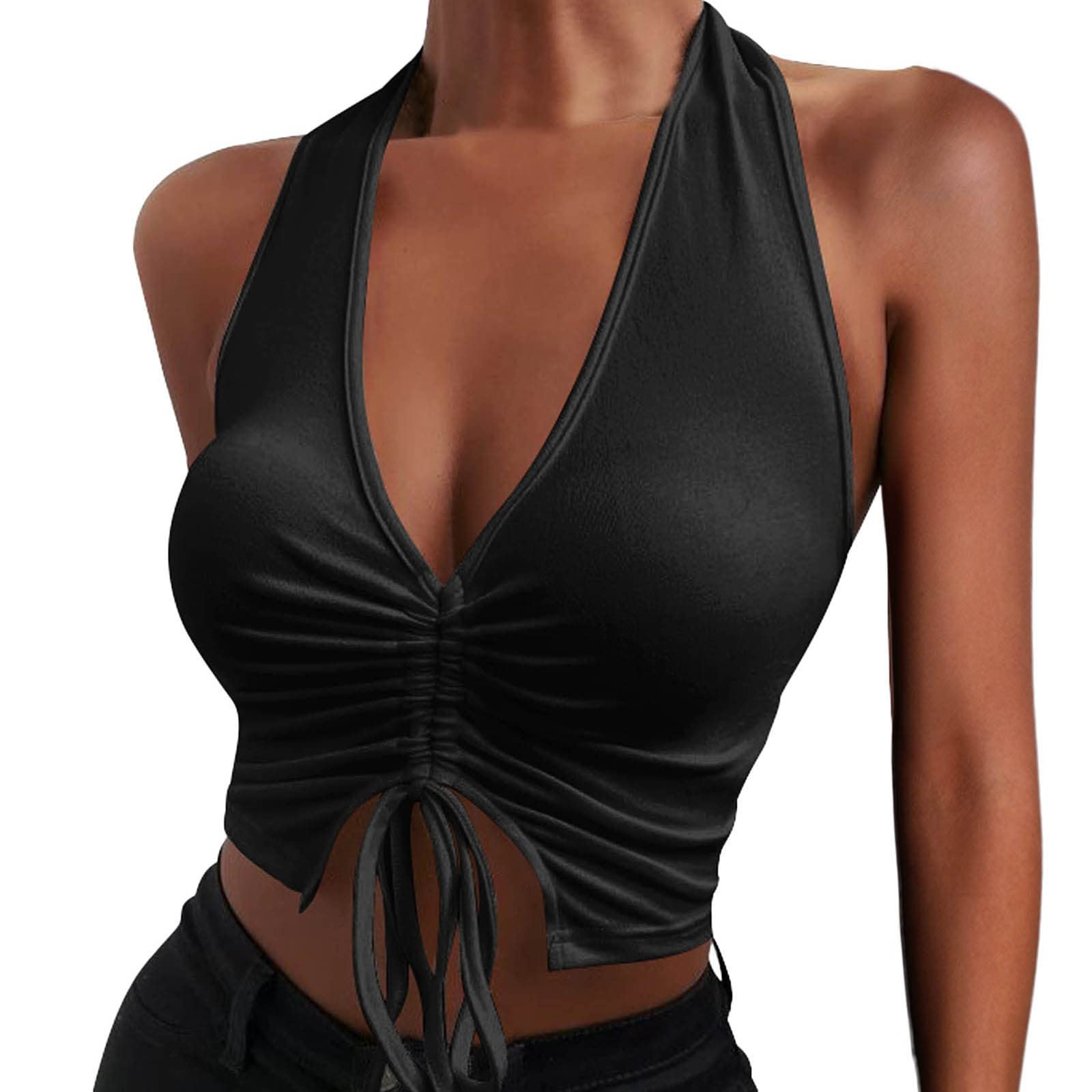 Sexy Backless V-Neck Halter Top for Women - Solid Color Drawstring Pleated Cropped Sleeveless Blouse | Perfect for Dance, Club Wear & Summer Outfits