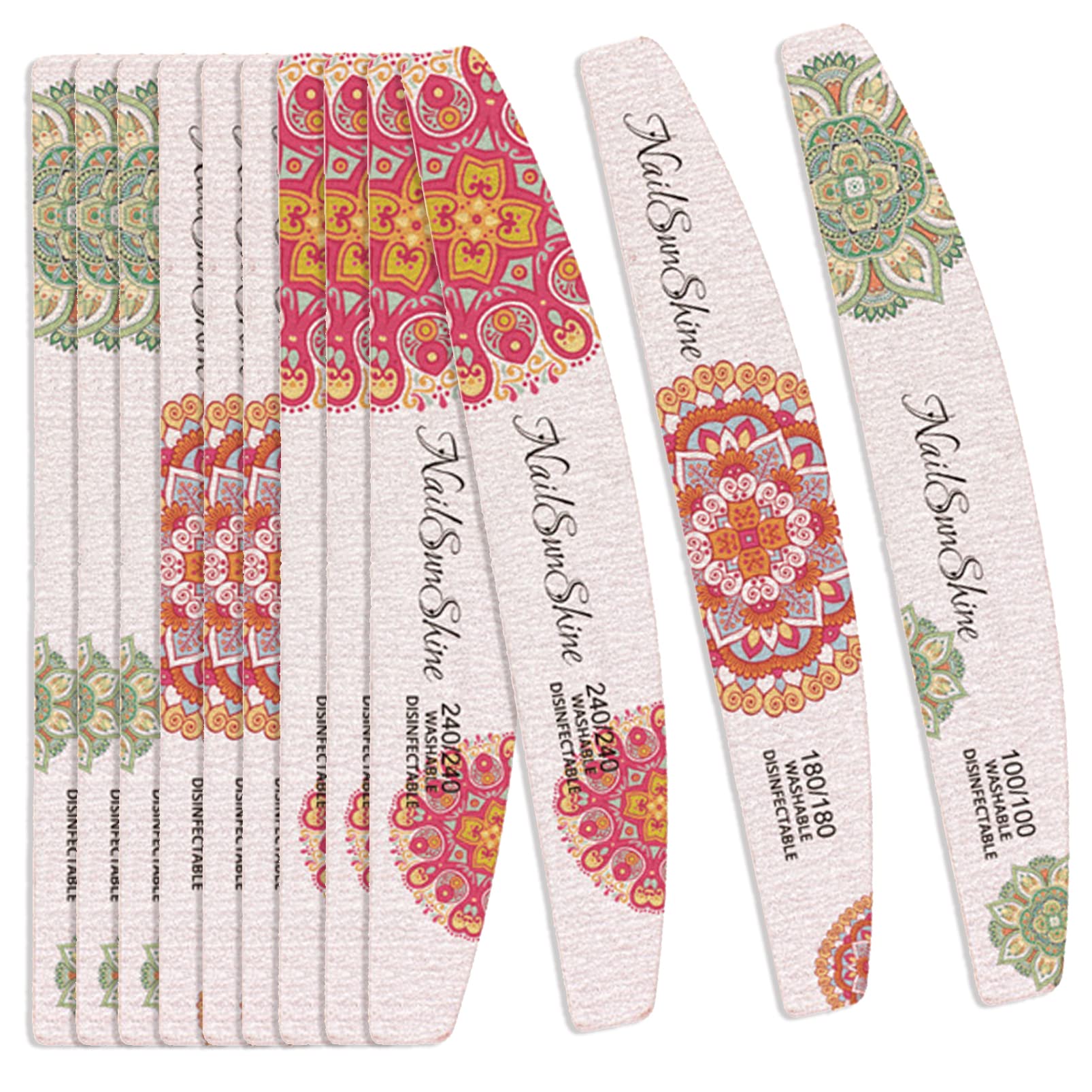 12Pcs Printed Nail Files - Double Sided Emery Boards 100/180/240 Grit - Half Moon Nail Buffer for Natural Nails & Extensions | Professional Manicure Tools for Home, Salon & Travel Use