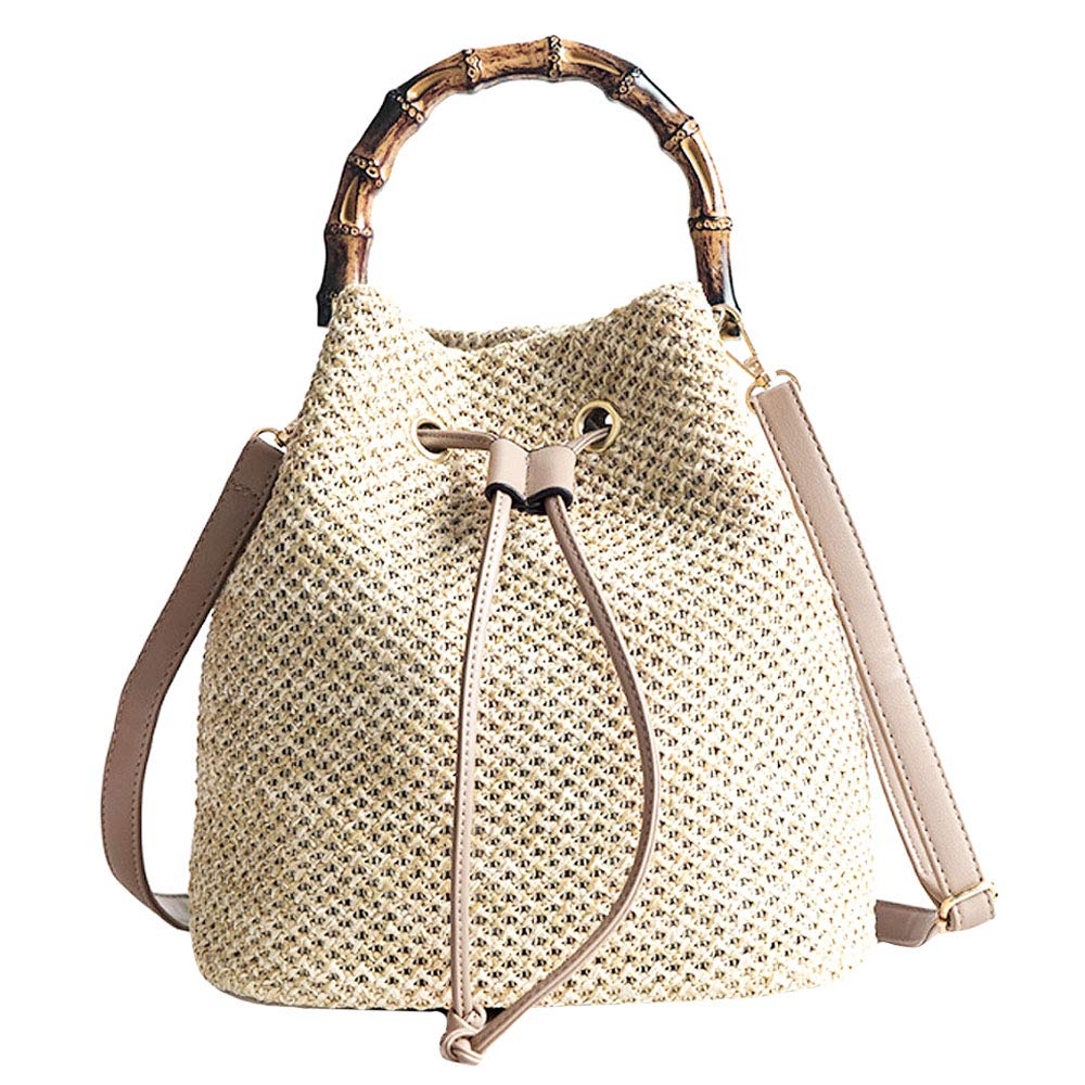 Stylish Women's Straw Bucket Bag with Drawstring - Bamboo Tote Shoulder Bag & Crossbody Beach Purse | Perfect for Summer Outings, Vacations, and Seaside Adventures