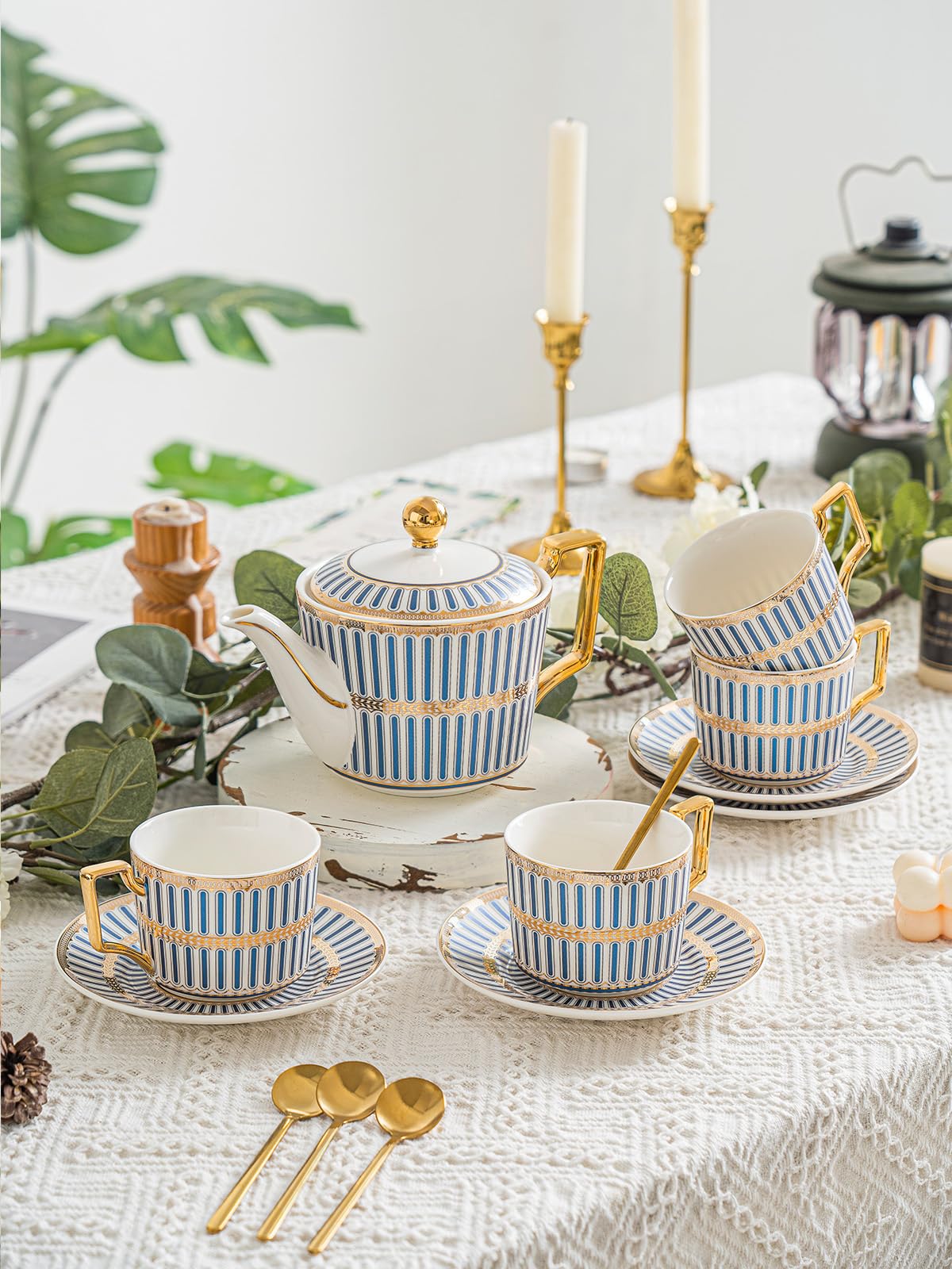 15-Piece Bone China Tea Set - Elegant Porcelain Tea Cups & Saucers for 4, Includes Teapot, Sugar Bowl, Cream Pitcher & Spoon - Perfect for Afternoon Tea Parties, Bridal Showers & Housewarming Gifts (Gift Box Included)