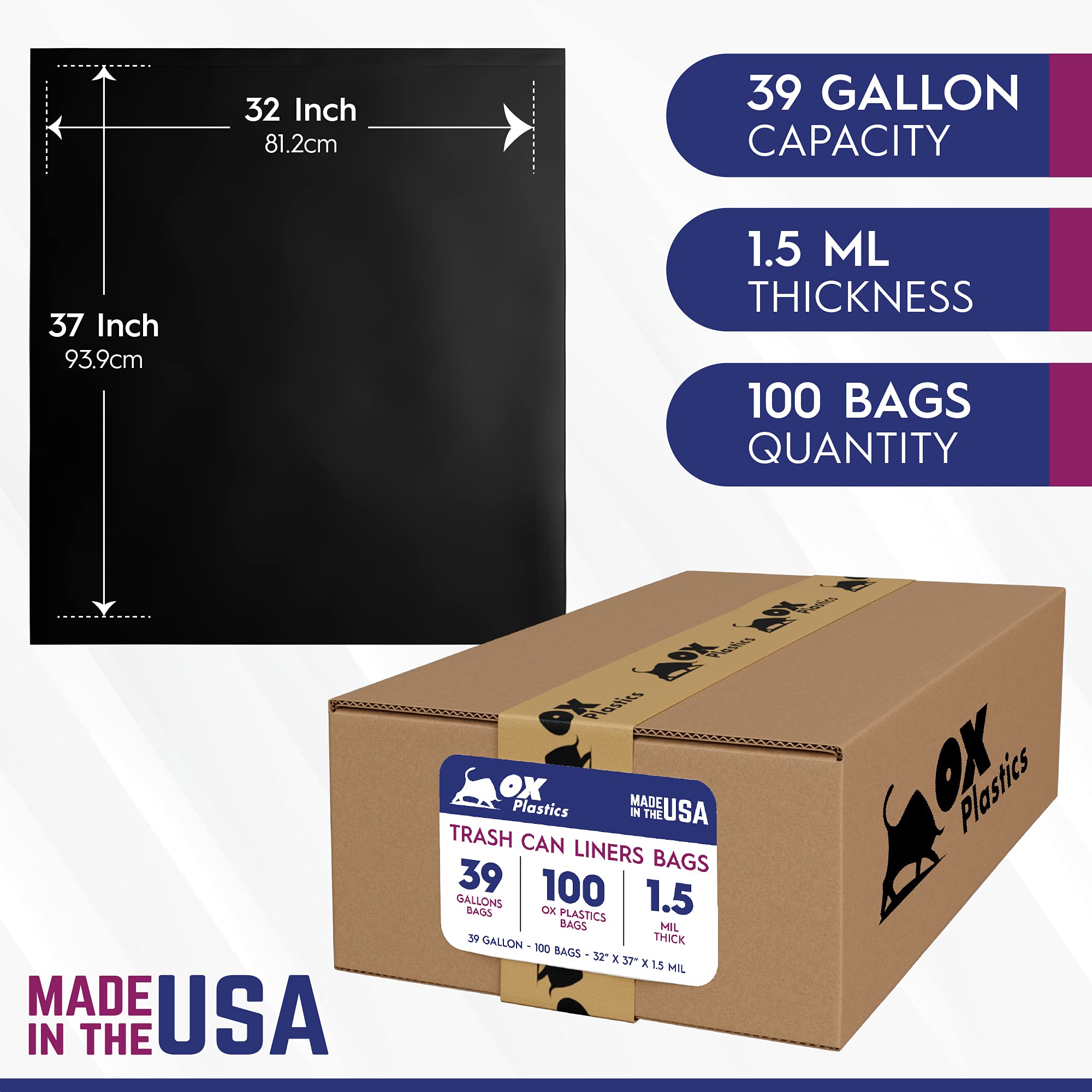 39 Gallon Heavy Duty Trash Bags - 100 Count Extra Thick 1.5 Mil Garbage Can Liners | Leak Proof & Durable Black Large Trash Bags for Kitchen, Office & Outdoor Use
