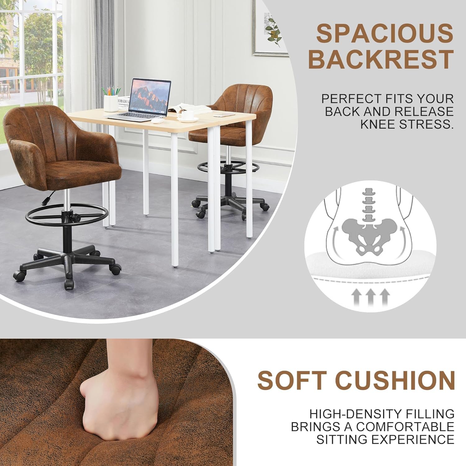VECELO Ergonomic Drafting Chair with Adjustable Height, Lumbar Support & Footrest - Perfect for Home Office, Standing Desk, Computer Workstation & Bedroom Vanity (Black)