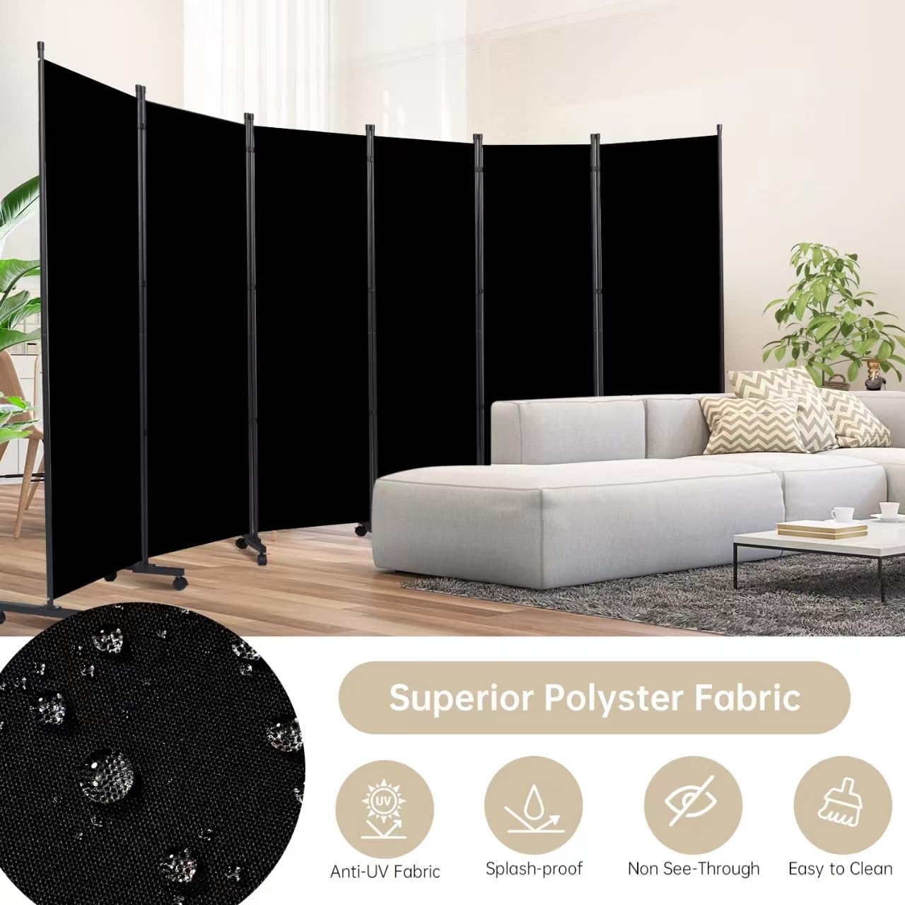 6 Panel Room Divider with Wheels - Portable Fabric Partition Screen for Office, Bedroom & Living Room - Privacy Room Separator for Home & Workspace | Perfect for Creating Private Spaces in Open Areas