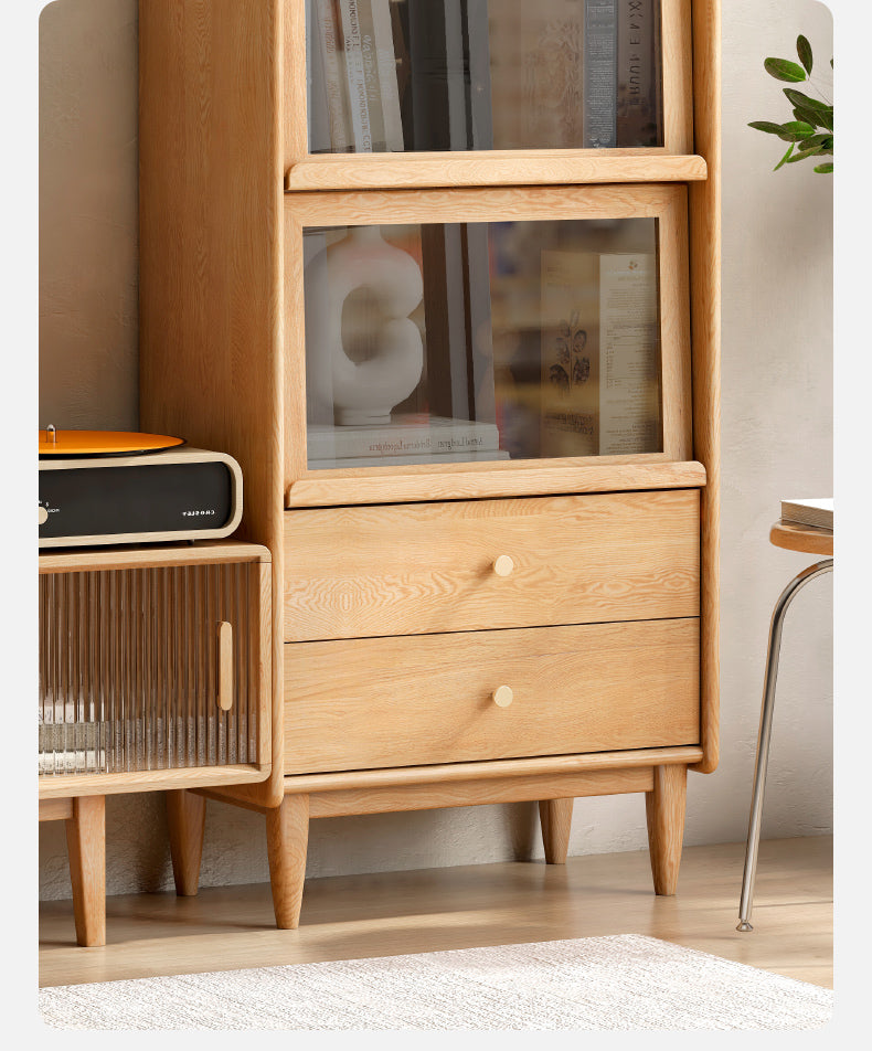Solid Oak and Ash Wood Flip Door Side Cabinet with LED Lighting - Perfect for Living Room, Bedroom, or Office Storage and Display