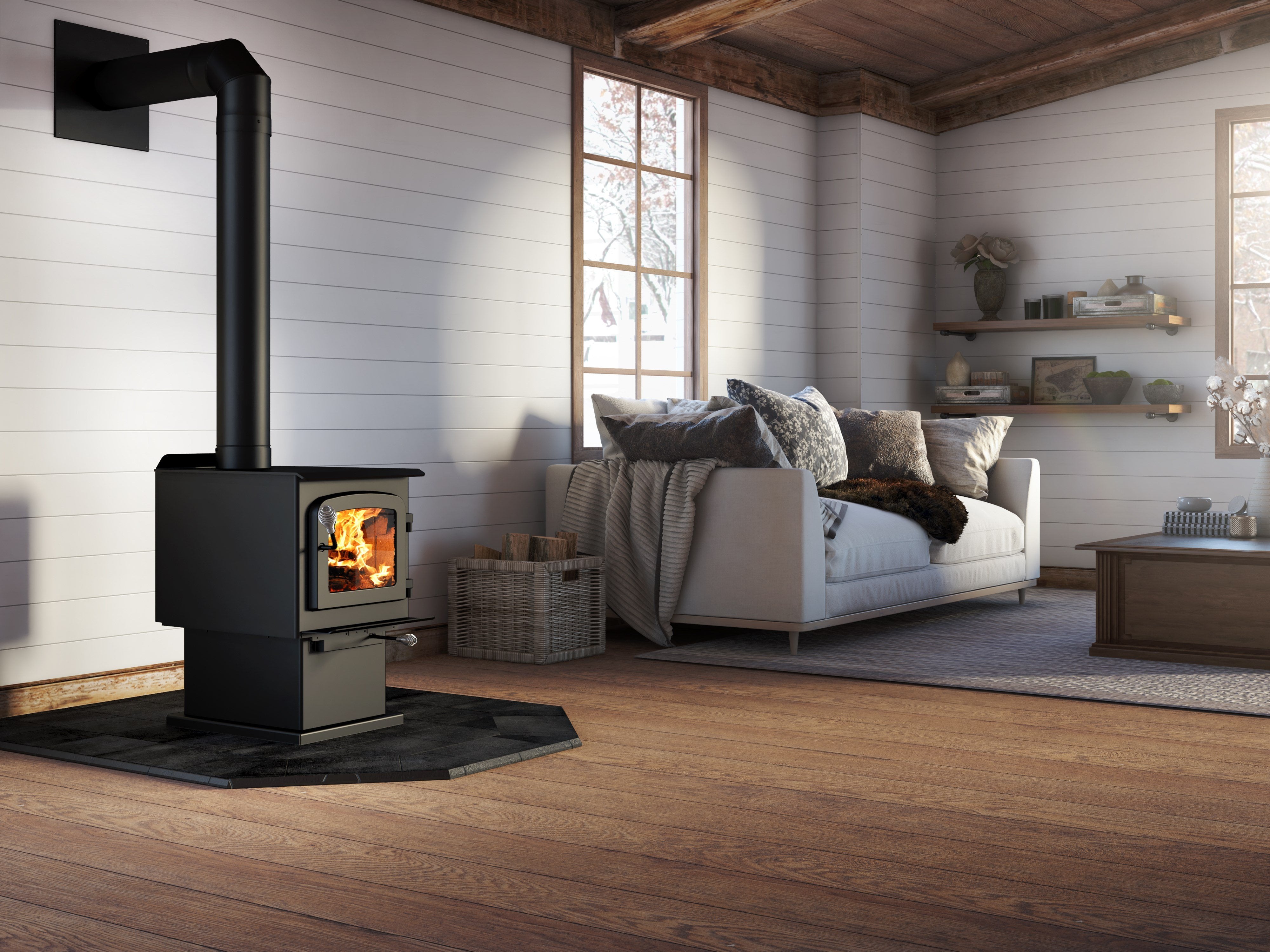 Drolet Escape 1200 1,200 Sq. Ft. EPA Certified Wood Burning Stove with Pedestal Stand - Perfect for Heating Cabins, Garages & Small Homes
