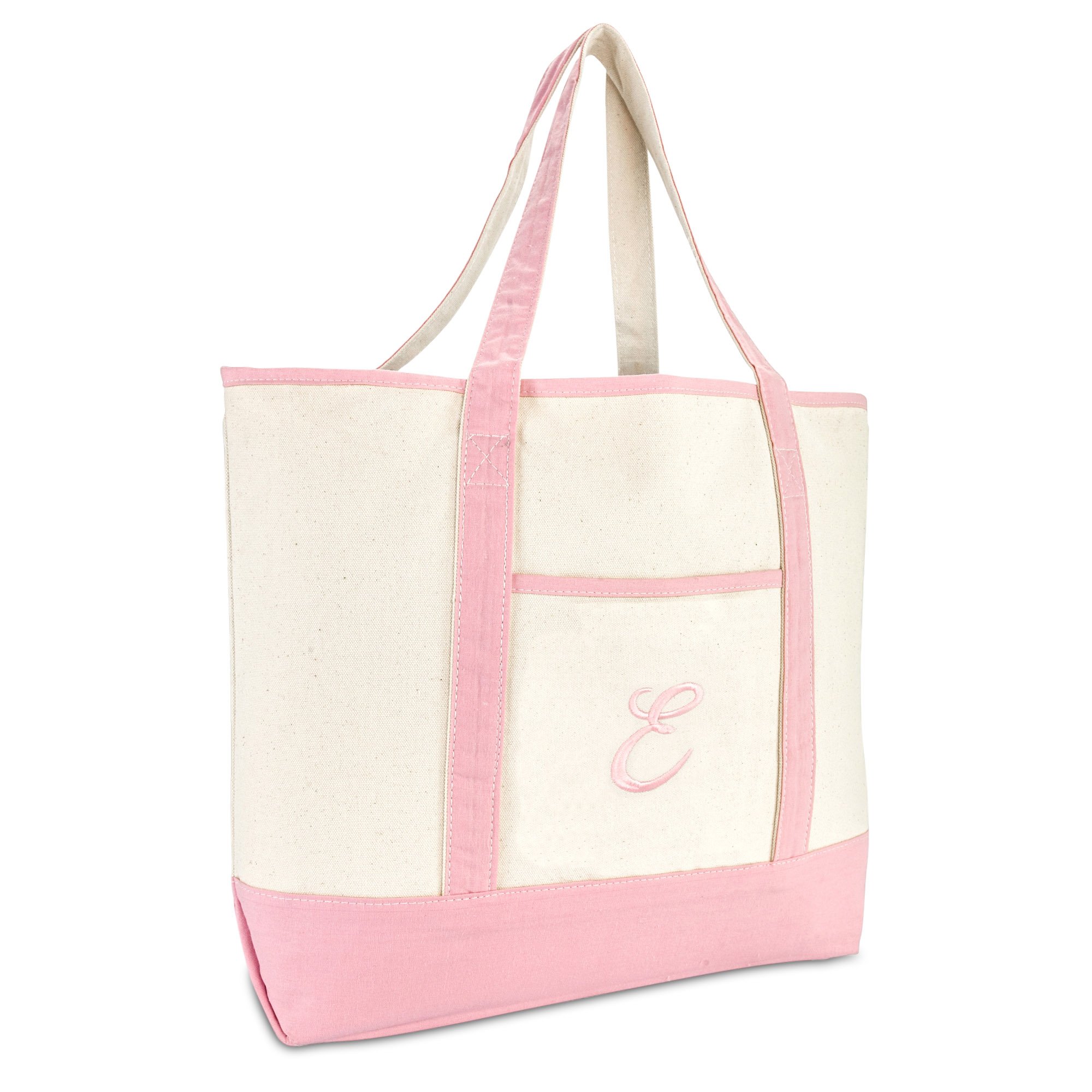 DALIX Women's Cotton Canvas Tote Bag - Large Pink Monogram Shoulder Bag with A-Z Letters (Perfect for Work, Travel, Shopping & Beach Day Essentials)