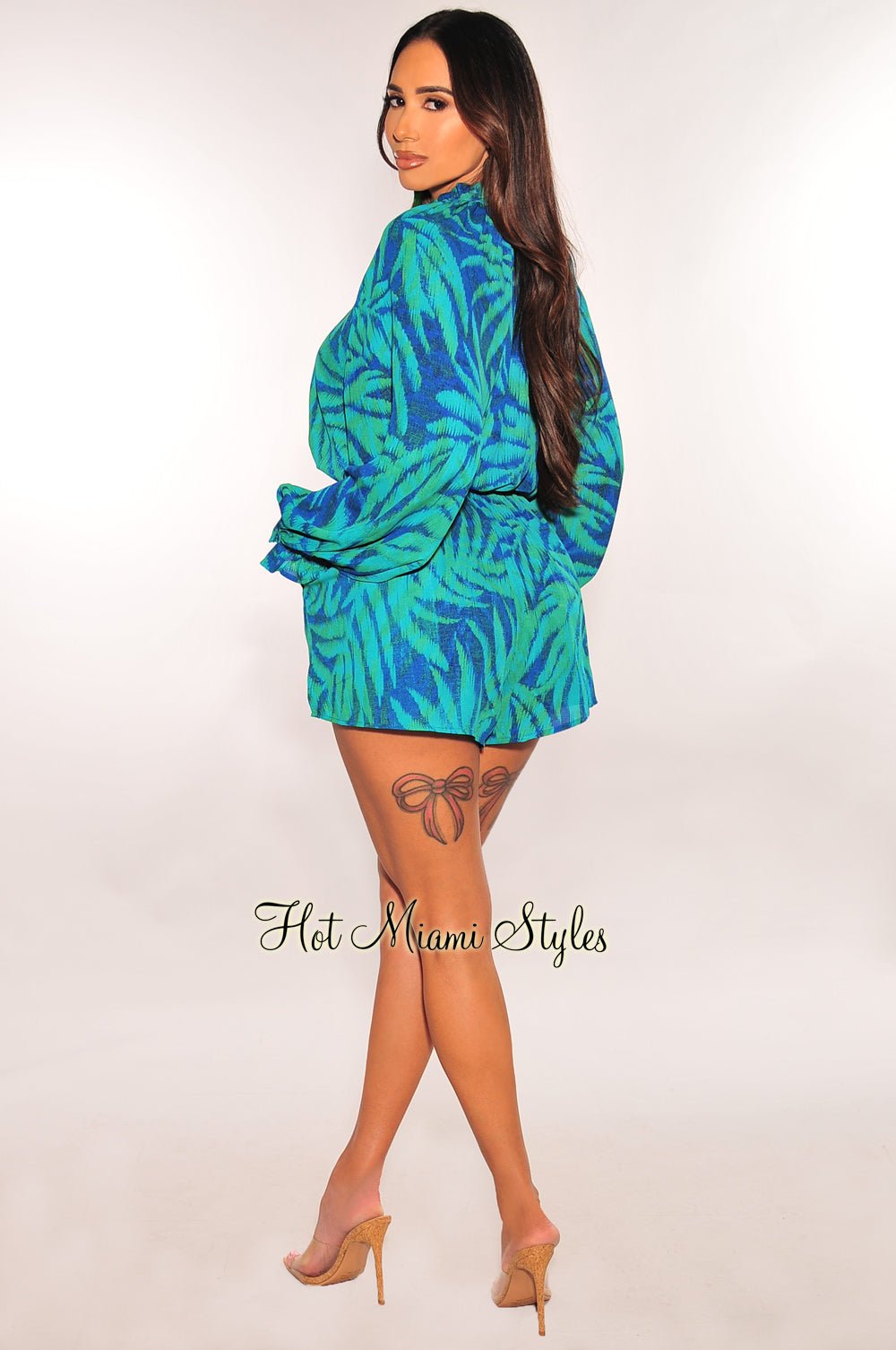 Blue Green Palm Print Long Sleeve Button Up V Neck Belted Romper - Tropical Vacation Outfit for Beach Party & Summer Getaway