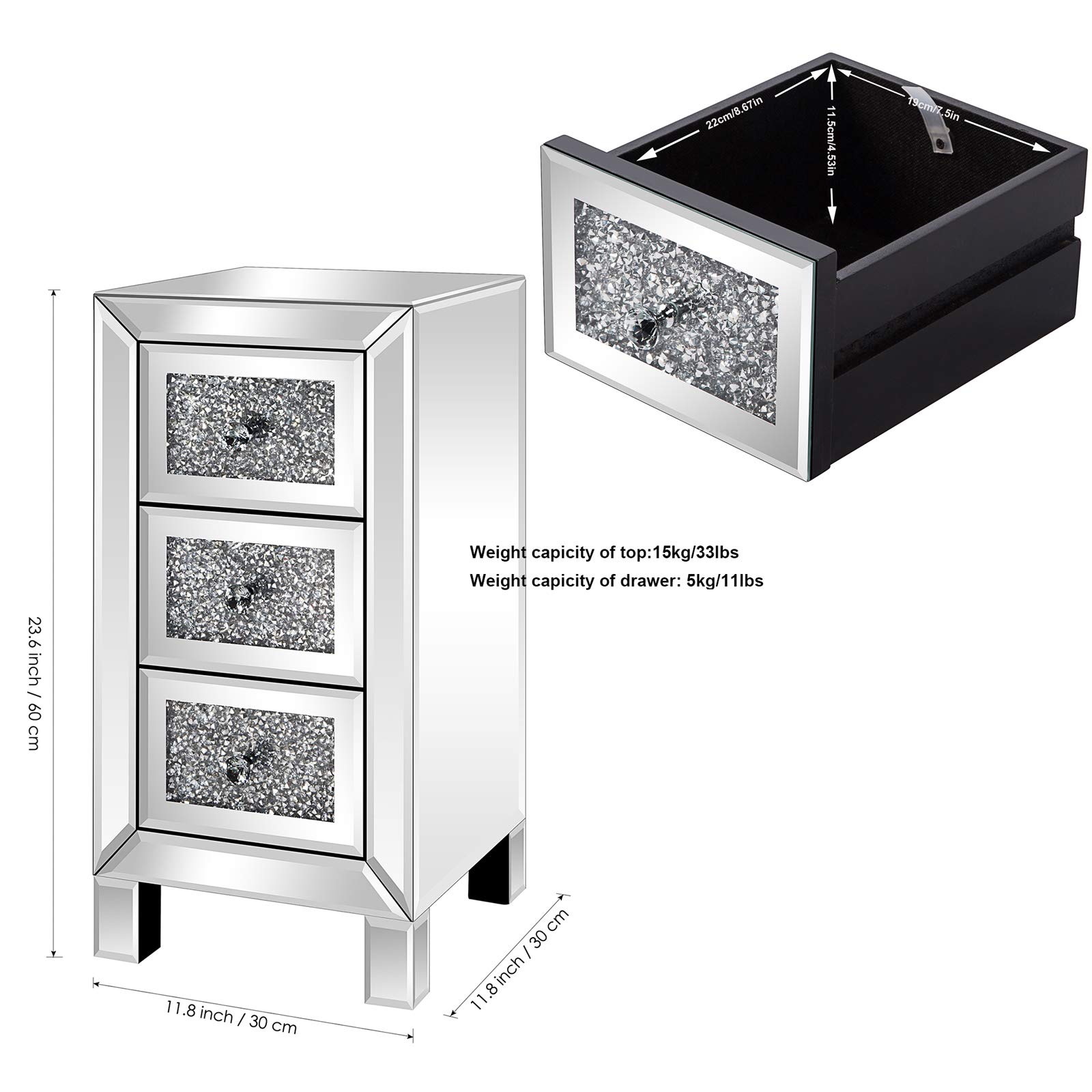 2-Pack Mirrored Nightstands with 3 Drawers - Silver Diamond Reflective Surface Bedside Tables with Crystal Knobs - Elegant Mirrored Wood Accent Tables for Bedroom, Living Room - Perfect for Modern Home Decor & Guest Room Setup