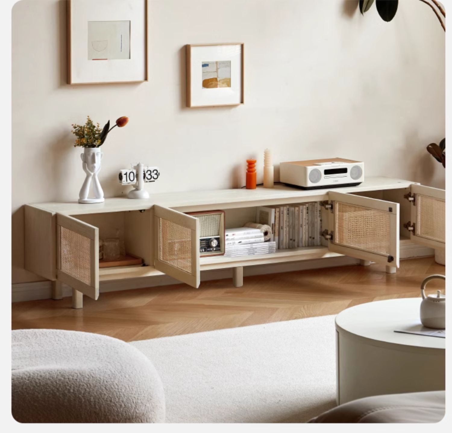 Solid Oak Wood Rattan TV Stand with Suspended Design - Stylish Media Console for Living Room, Bedroom & Home Theater