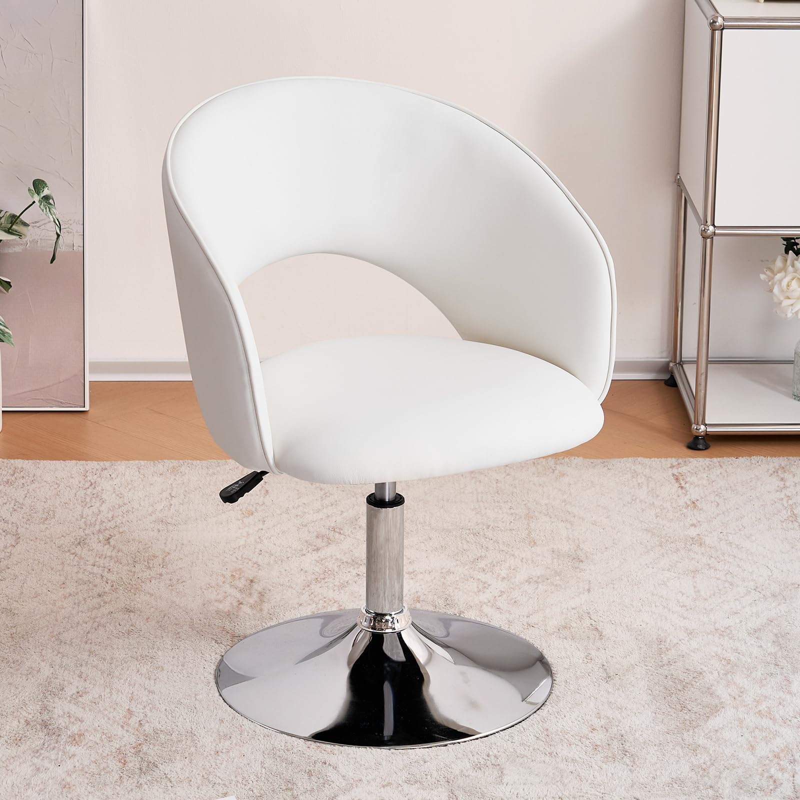 Furniliving Vanity Chair with Arms - Adjustable Height PU Leather Swivel Makeup Chair with Chrome Base for Bedroom, Dressing Room & Study | Ivory White Accent Chair for Home Decor & Beauty Stations