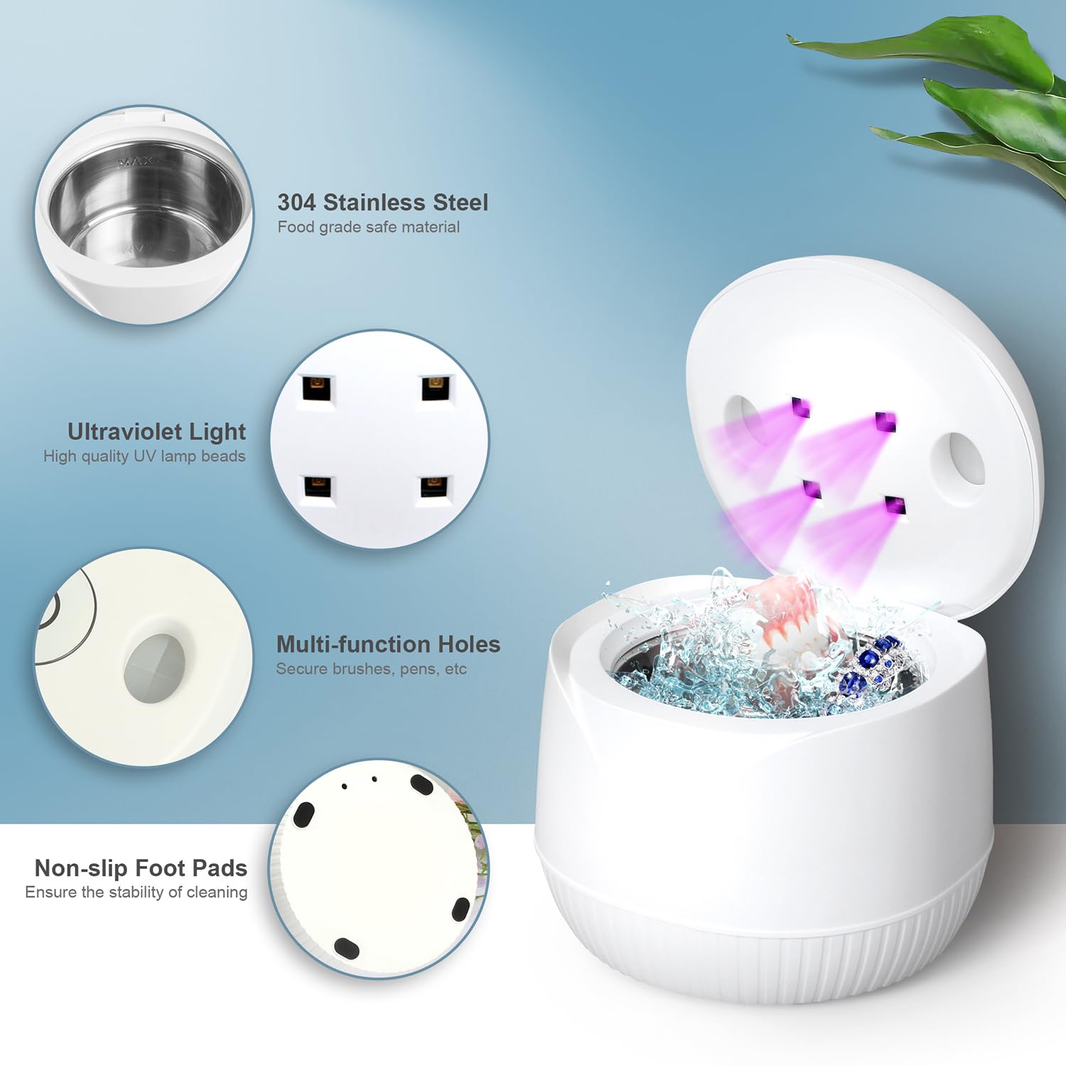 Ultrasonic Cleaner for Dentures & Jewelry - 45kHz Portable U-V Cleaning Machine for Aligners, Watch Bands & Makeup Brushes - Stainless Steel Design