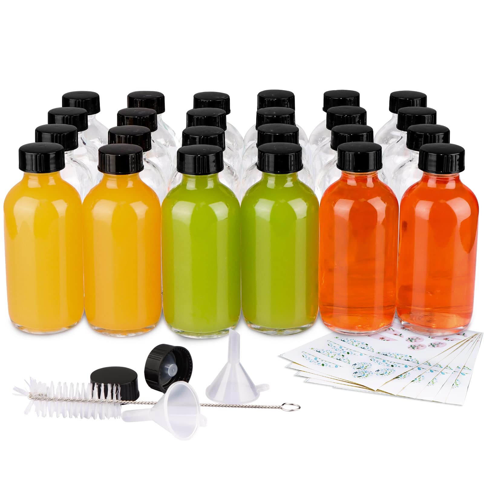 24 Pack 4 oz (120ml) Clear Glass Bottles with Black Caps - Boston Round Sample Bottles for Essential Oils, DIY Crafts, Spices & Liquids | Includes Labels, Funnels & Brush for Easy Filling & Organization