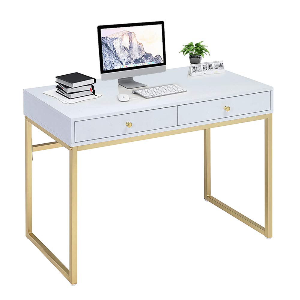 Modern White & Brass Office Desk with 2 Storage Drawers - HomVent Contemporary Writing Computer Desk for Home Office, Study Room, or Vanity Makeup Station - Sturdy Metallic Legs & Spacious Work Surface
