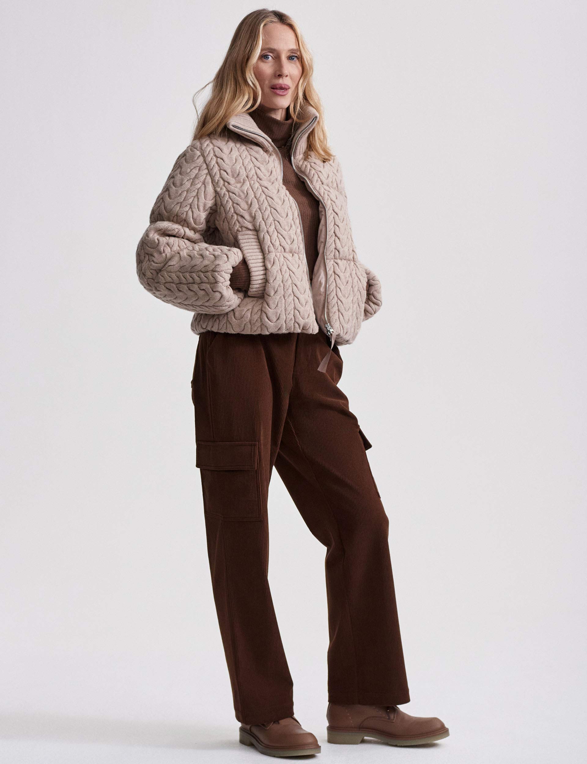 Reggie Cable Knit Puffer Jacket - Light Taupe Winter Coat for Women | Warm & Stylish Outerwear for Cold Weather, Outdoor Activities & Casual Wear