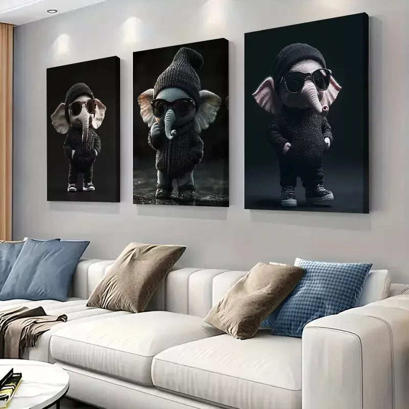 3-Piece Cool Elephant Wall Art Set with Knitted Hat & Sunglasses - Framed Canvas 40x60cm - High Quality Print - 100% Australian Made - Ready to Hang - Perfect for Nursery, Kids Room & Modern Home Decor