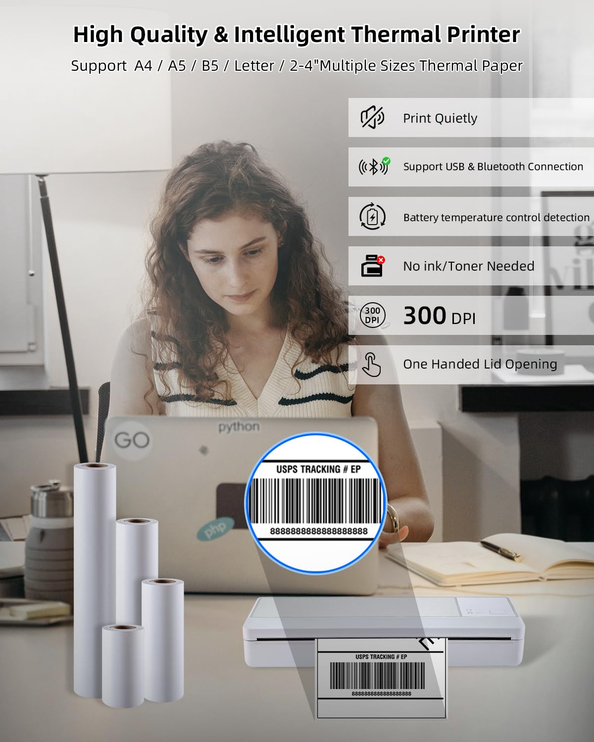 Portable Bluetooth Thermal Printer - Wireless Mini Printer for Android & iOS, Compatible with PC, Supports Multi-Size Thermal Paper (300DPI Inkless) - Perfect for Travel, Office, School, Receipt Printing, Label Making & Home Organization