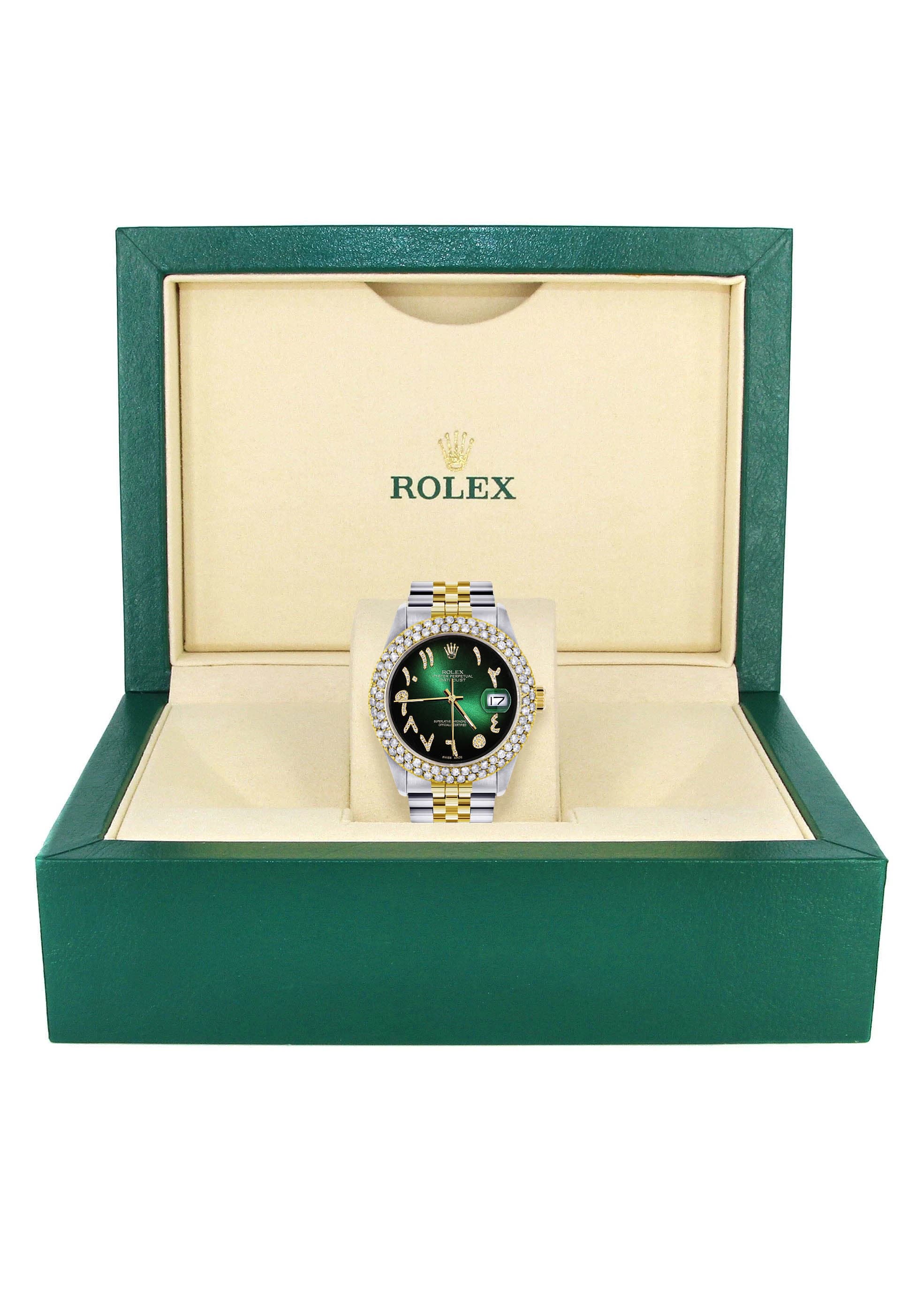 Luxury Diamond Gold Rolex Watch For Men 16233 | 36mm Green Black Arabic Diamond Dial | 4.25 Carat Two Row Bezel | Jubilee Bracelet | Perfect for Business, Gifting & Special Occasions