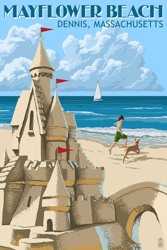 Signed Mayflower Beach Sand Castle Art Print - 24x36 Wall Decor Poster - Dennis, Massachusetts Coastal Scene - Perfect for Beach House, Living Room & Office Decor