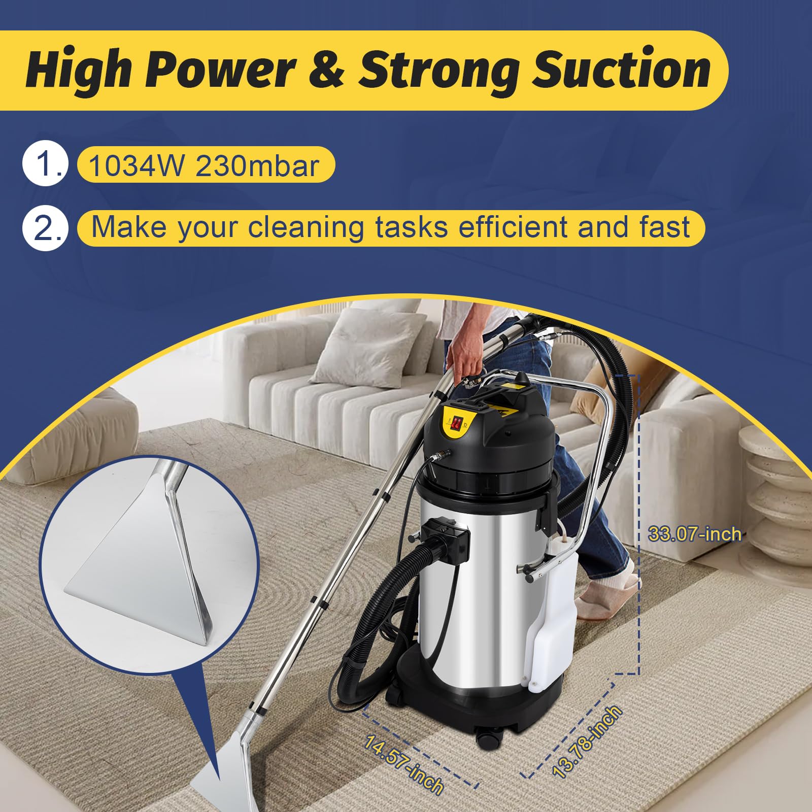 11 Gallon Commercial Carpet Cleaner Machine - 1034W Heavy Duty Carpet Shampooer & Extractor for Deep Cleaning Carpets, Sofas, Curtains - Ideal for Car Detailing, Home & Office Steam Cleaning