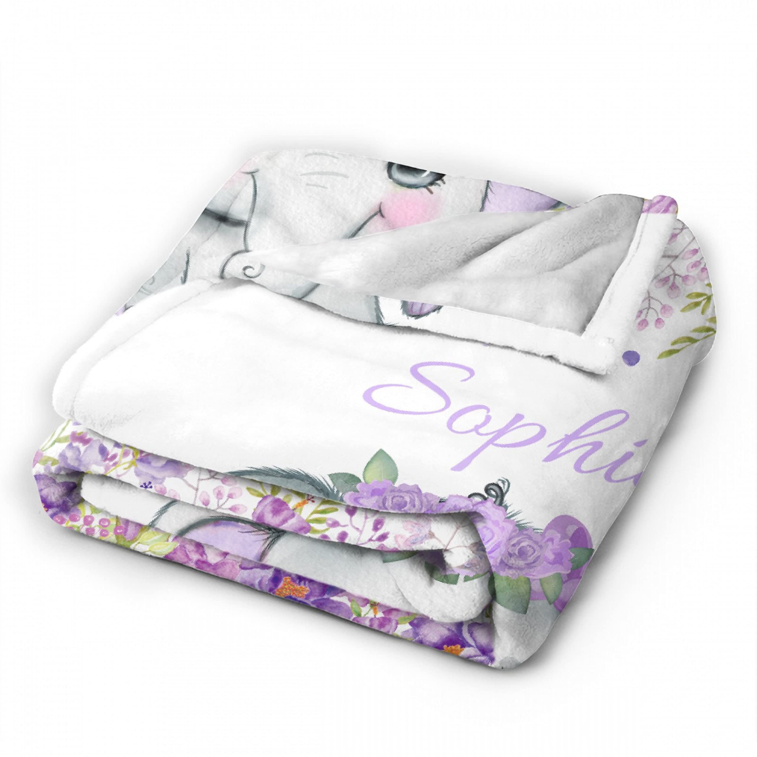 Personalized Baby Blankets with Name - Custom Fleece Blanket for Boys & Girls - Soft Cozy Elephant Design Baby Gift - Purple Throw Quilt for Newborn & Infant (Perfect for Nursery, Stroller, Swaddling & Photo Shoots)
