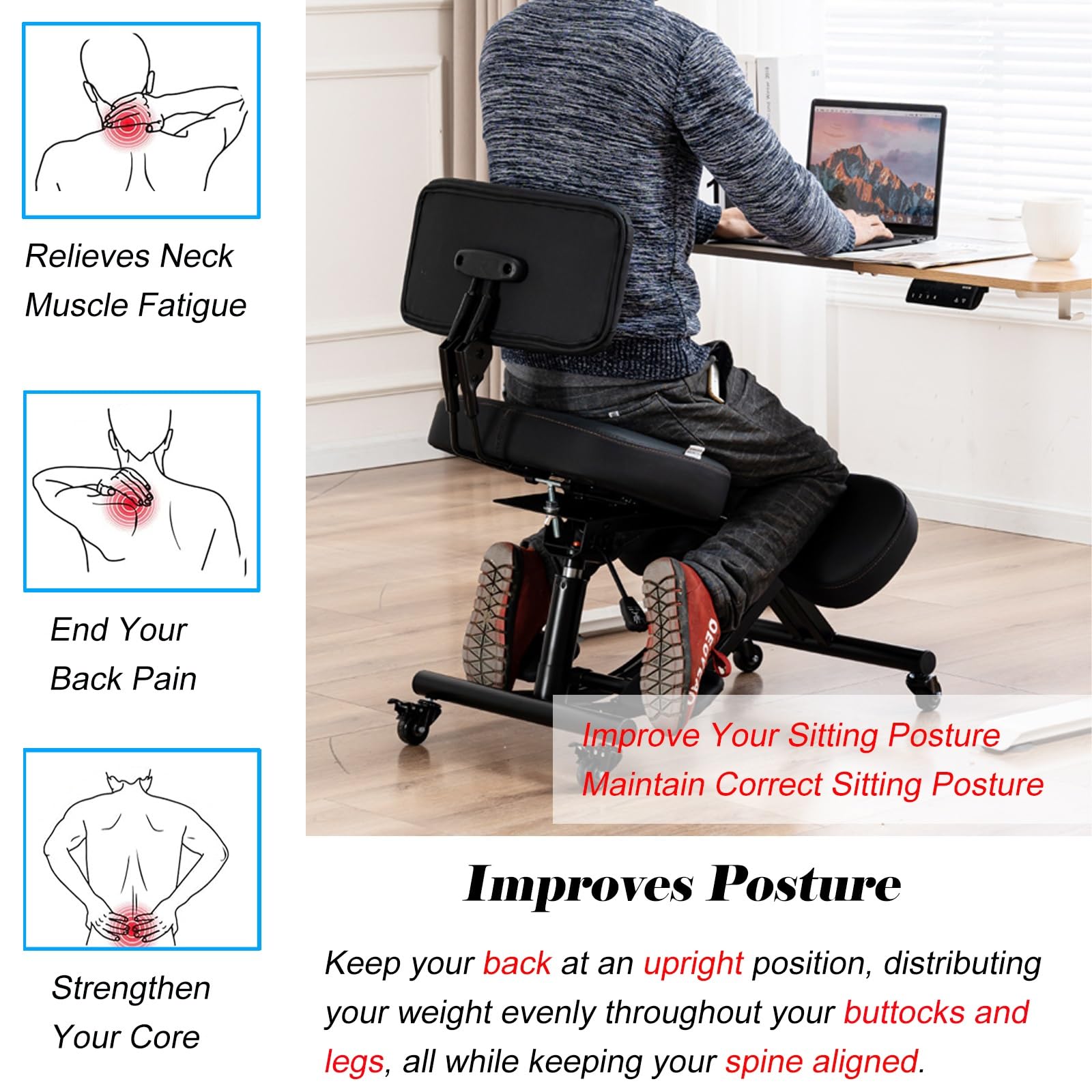 Adjustable Height Ergonomic Kneeling Chair with Wheels, Backrest & Foot Pedals - Mobile Cross-Legged Posture Support for Home Office, Yoga & Meditation | Perfect for Remote Workers, Gamers & Back Pain Relief