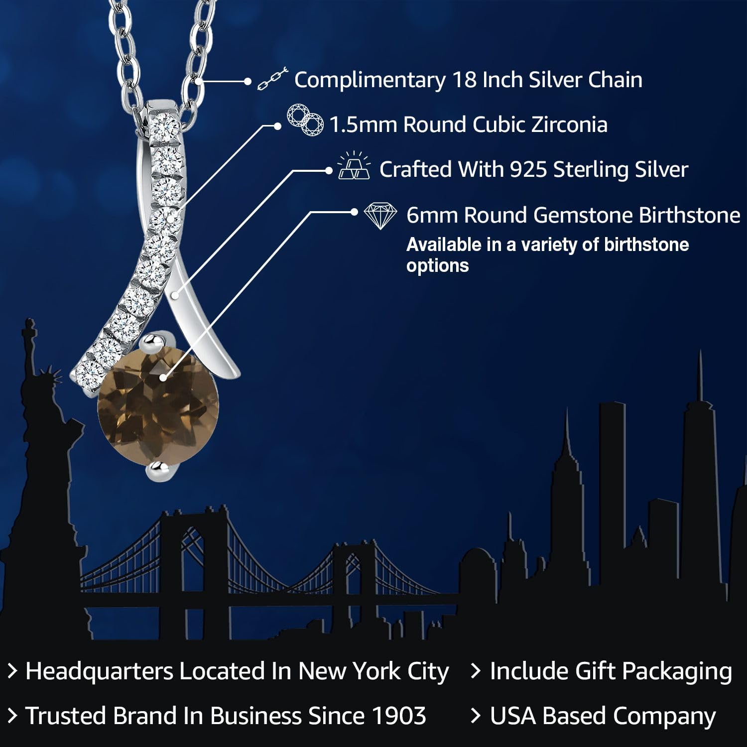 Gem Stone King 925 Sterling Silver 6MM Round Birthstone Pendant Necklace for Women - 18 Inch Chain - Perfect Gift for Birthday, Anniversary & Mother's Day
