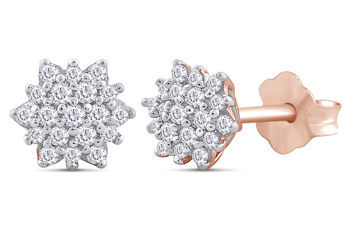 1/10 Carat Round Cut Natural White Diamond Flower Stud Earrings for Women - 14k Gold Plated 925 Sterling Silver Jewelry (I2-I3 Clarity, I-J Color, 0.10 Cttw) - Perfect Gift for Anniversary, Birthday & Special Occasions