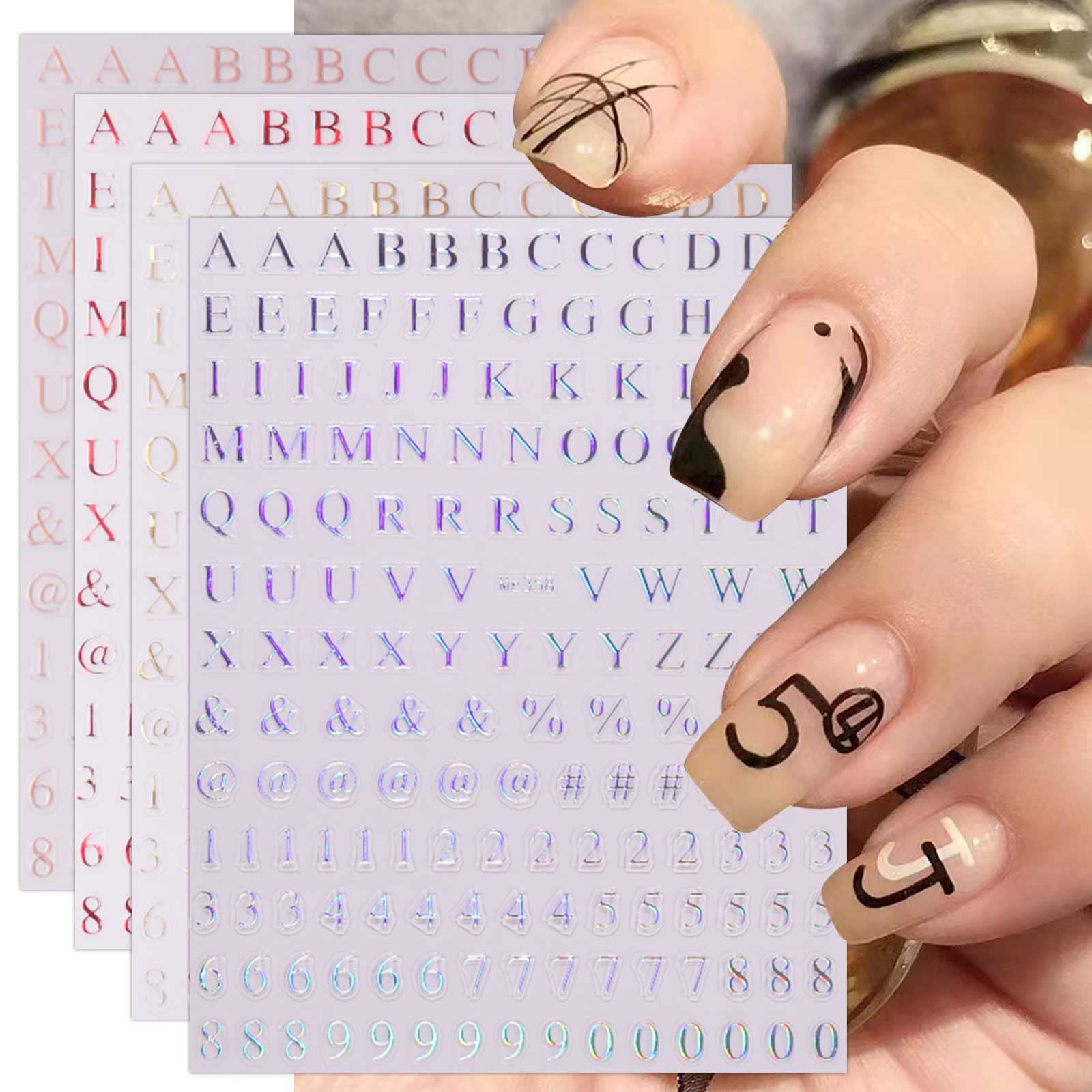 Colorful Number Letter Nail Stickers - 9 Sheets for DIY Nail Art Designs