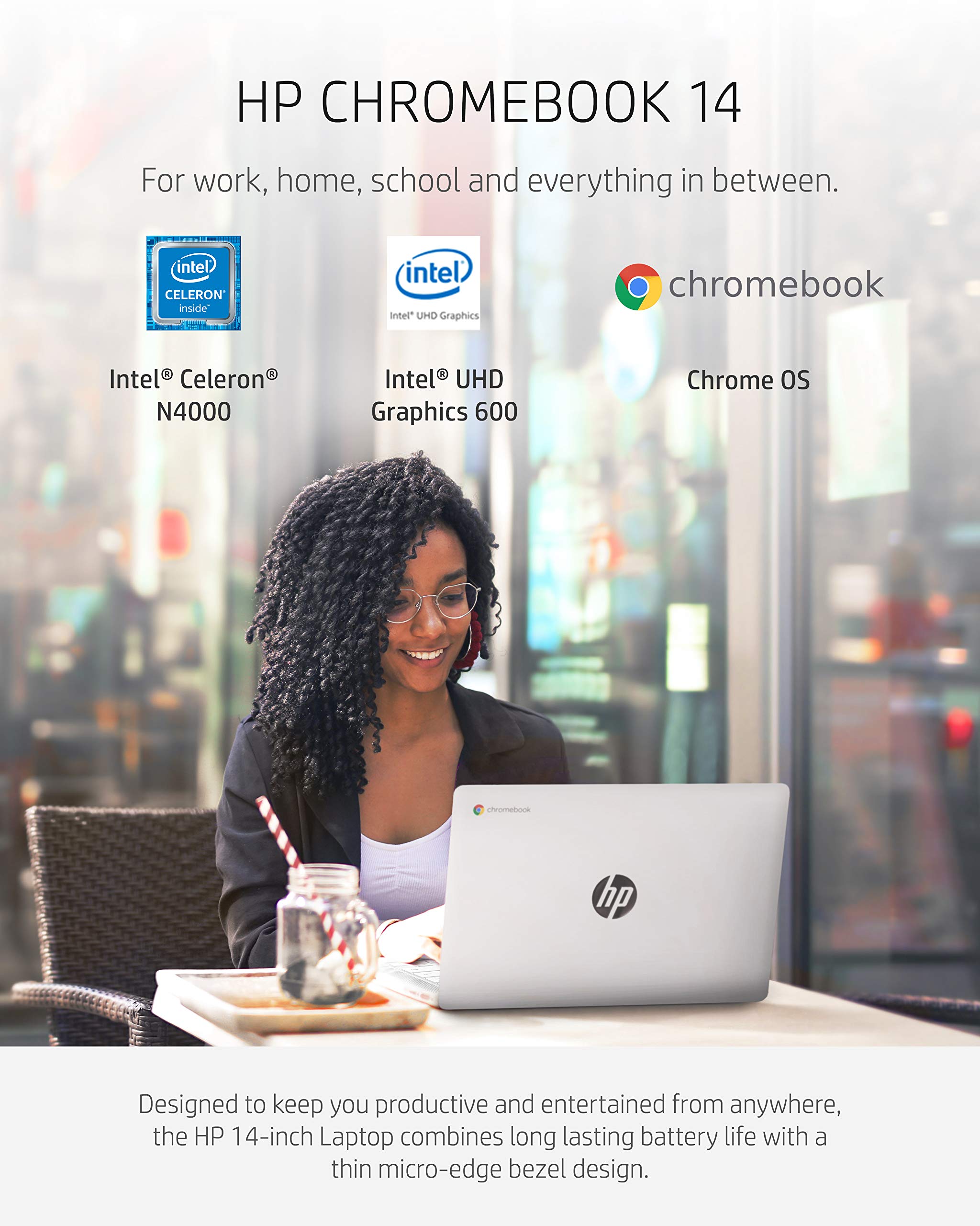 HP Chromebook 14 Laptop - Intel Celeron N4000, 4GB RAM, 32GB eMMC, 14