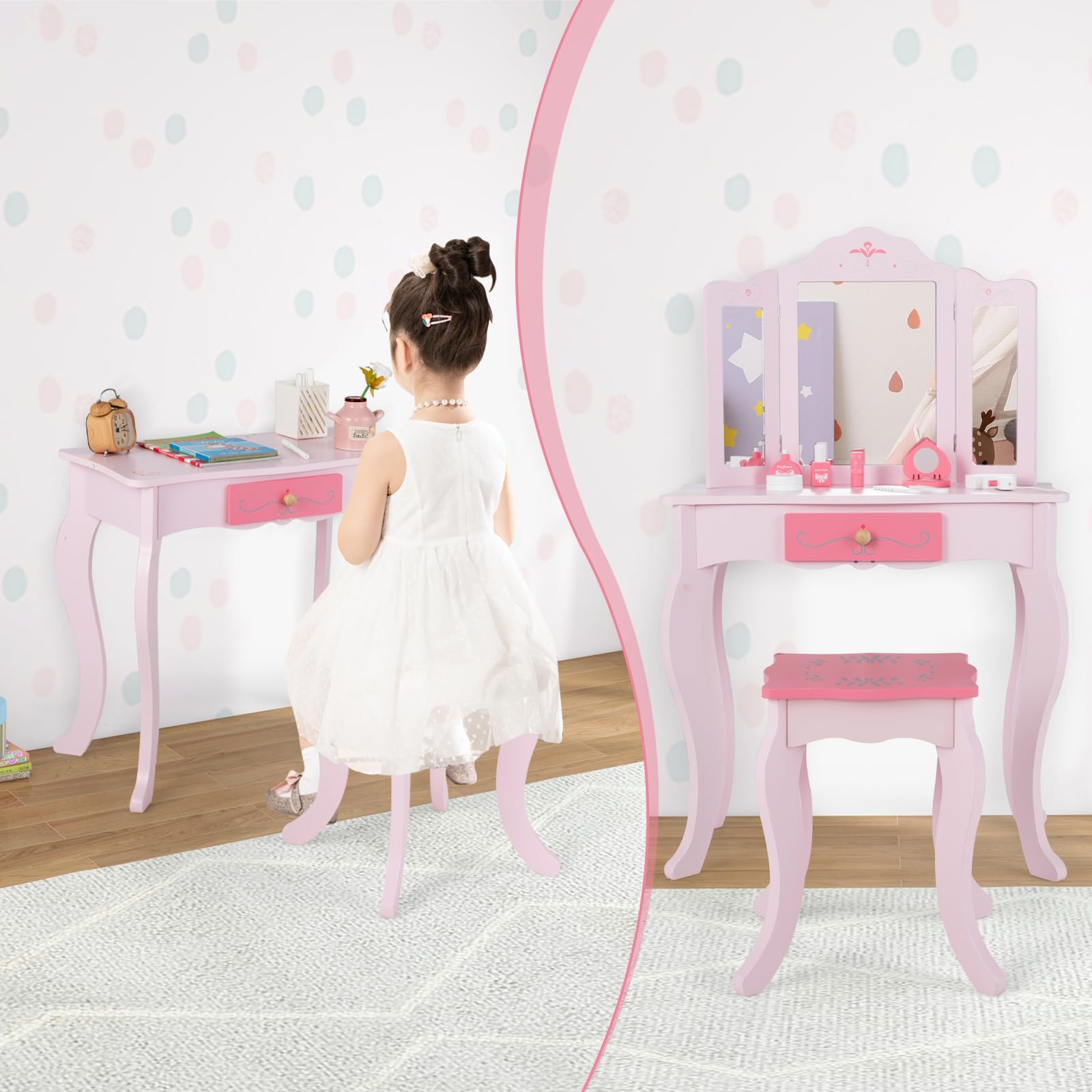 INFANS Kids Vanity Set - 2-in-1 Princess Makeup Table & Chair with Tri-Fold Mirror, 10 Accessories, Wooden Dressing Table for Girls - Perfect for Birthday Gifts, Pretend Play & Room Decor (Pink)