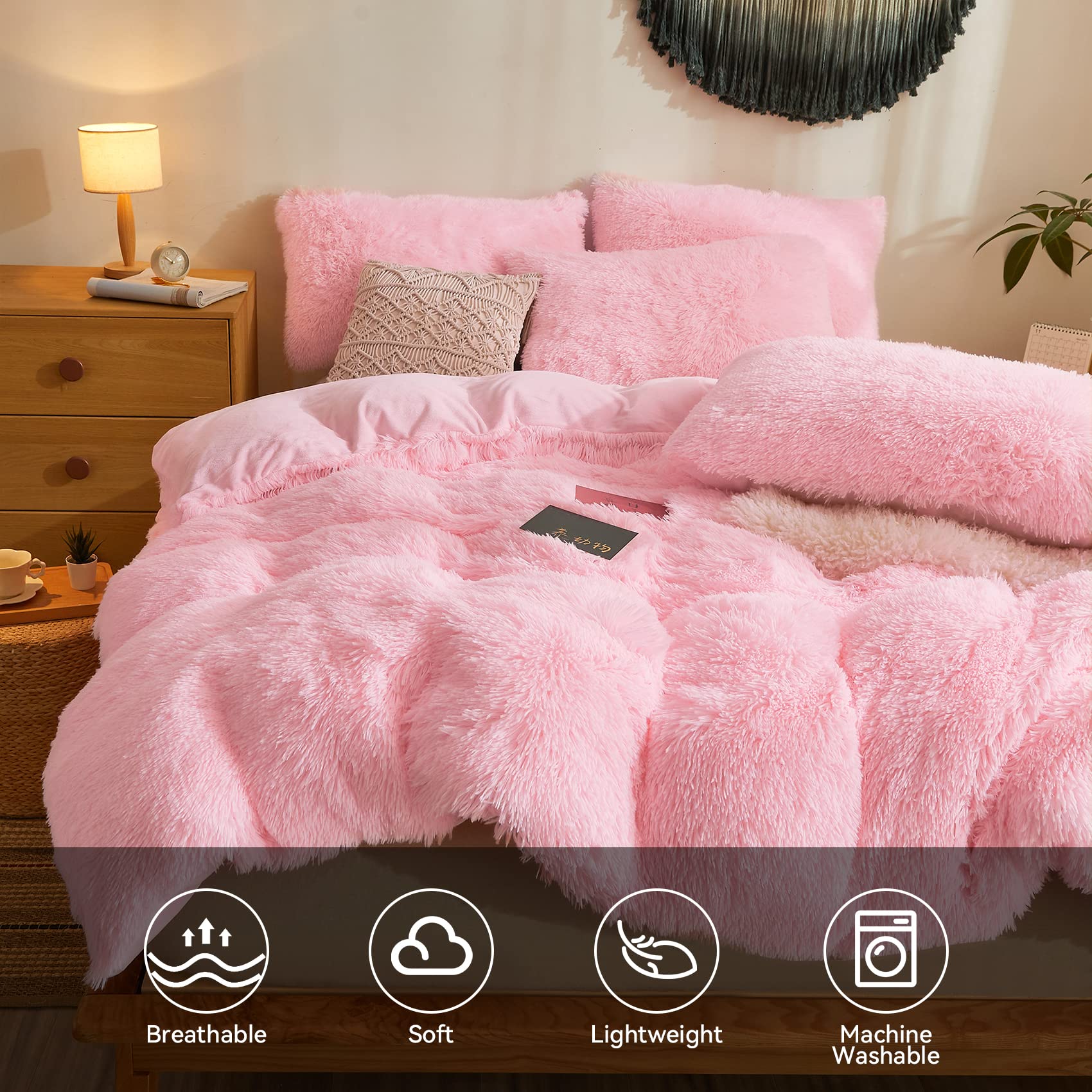 Befunny Fluffy Queen Comforter Set - 3pc Faux Fur Bedding with Plush Comforter & 2 Fuzzy Pillowcases, Shaggy Pink Luxury Bedding for Cozy Winter Nights & Stylish Bedroom Decor
