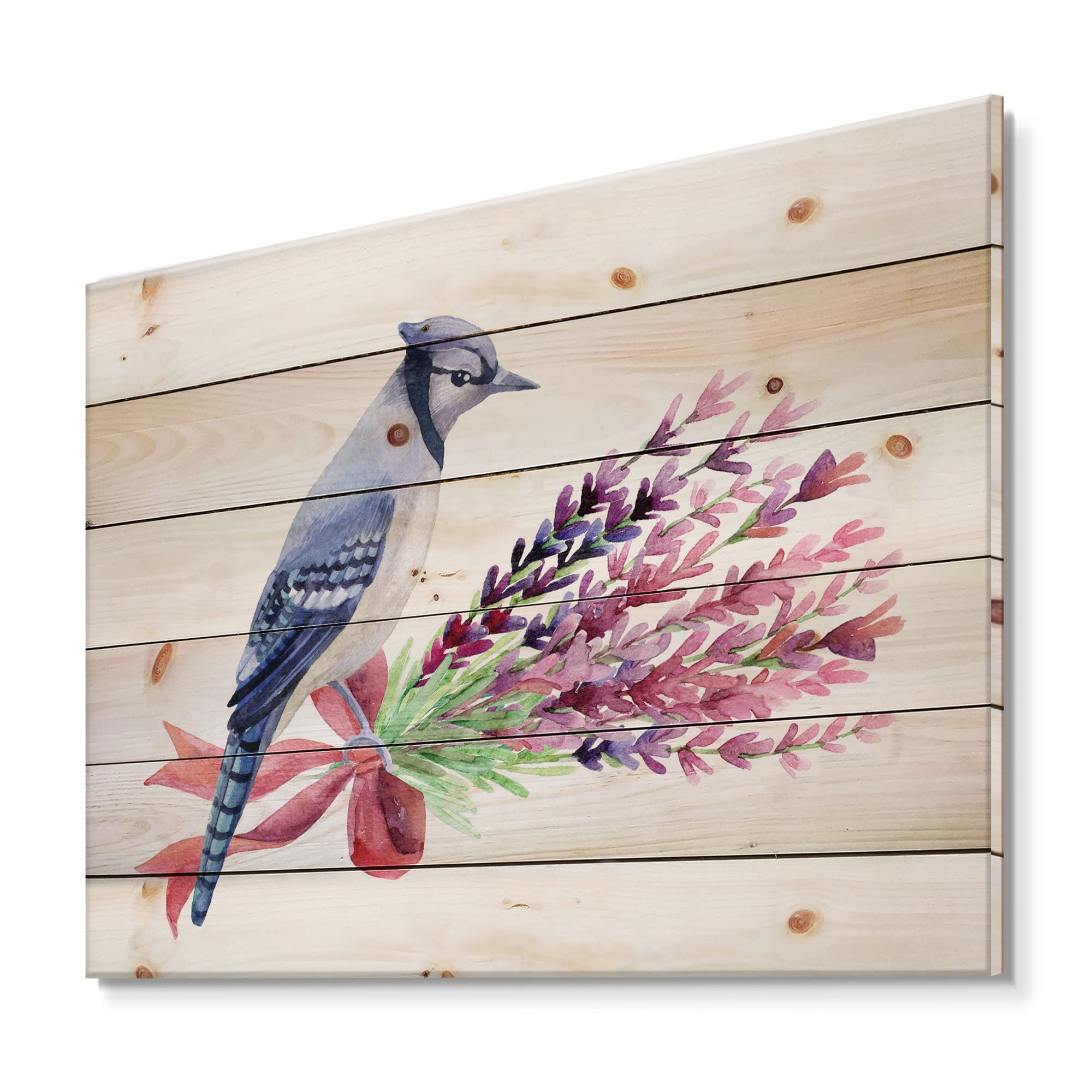 Blue Jay on Pink Flowers Wood Wall Art - Traditional Handmade Pine Wood Decor, Large Animal Wall Panel for Living Room, Bedroom & Office