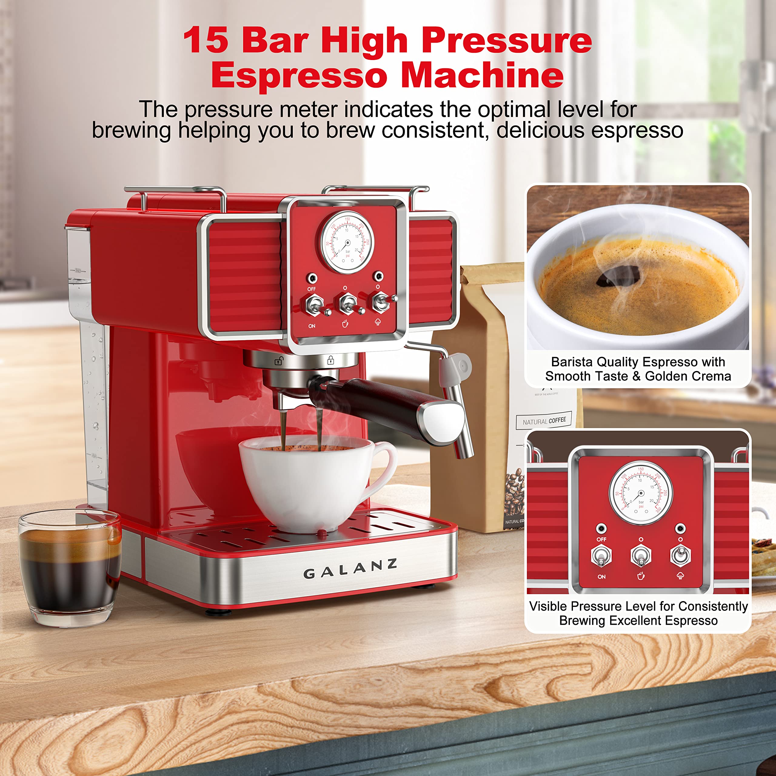 Galanz Retro Espresso Machine with Milk Frother - 15 Bar Pump Professional Cappuccino & Latte Maker, 1.5L Removable Water Tank, 1350W (Vintage Red) - Perfect for Home Coffee Bars, Office Break Rooms & Gift Giving