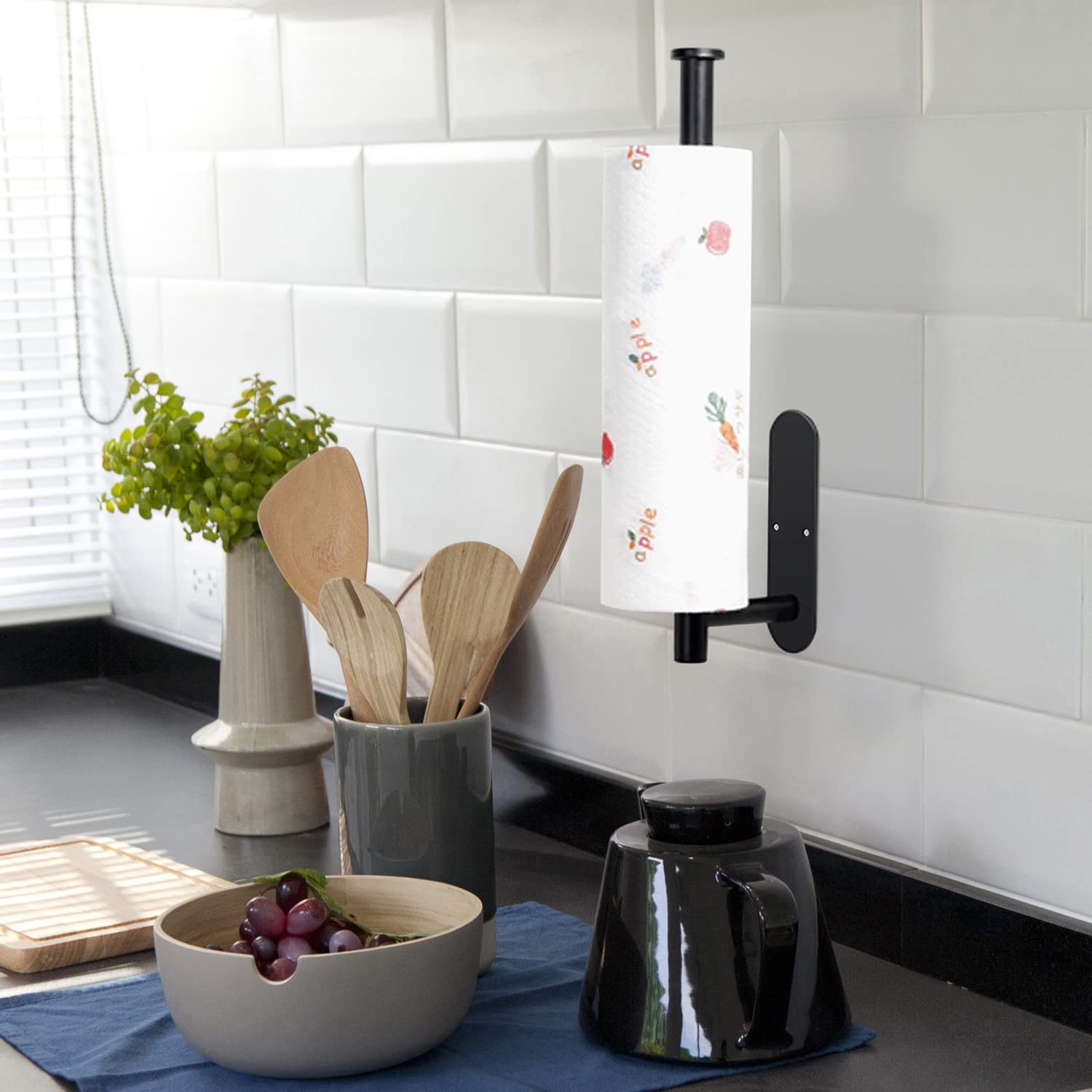 Under Cabinet Paper Towel Holder - Self Adhesive Stainless Steel Roll Holder for Kitchen & Bathroom, Wall Mount Space-Saving Design, Matte Black (2 Pack) - Perfect for Small Spaces, RVs, and Cluttered Countertops