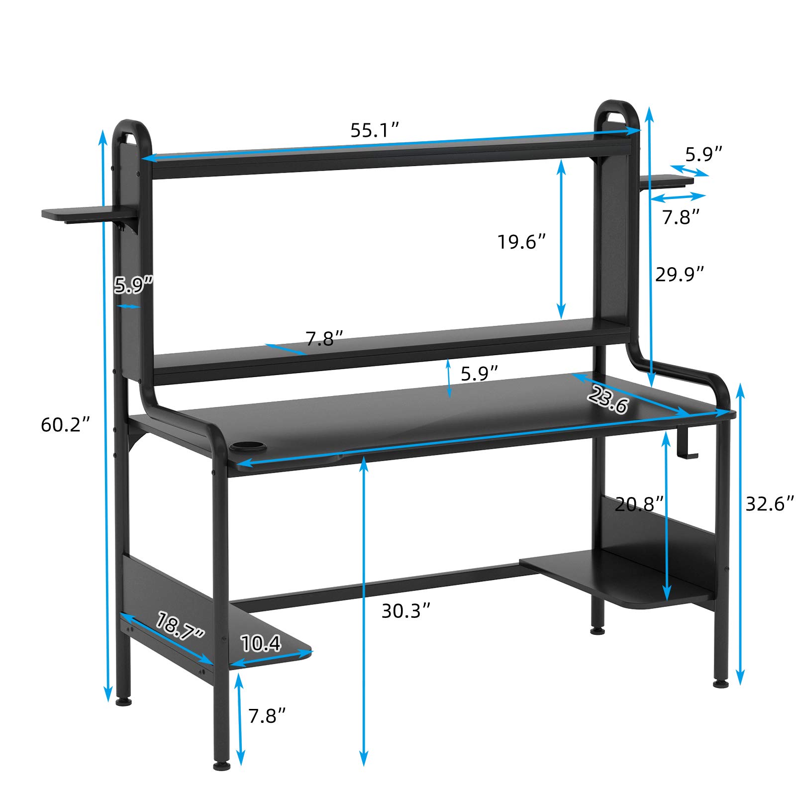 TIYASE 55 Inch Black Gaming Desk with Monitor Stand - Large PC Gamer Workstation with Hutch, Storage Shelves, Cup Holder & Headphone Hook - Perfect for Esports, Streaming & Home Office Setup