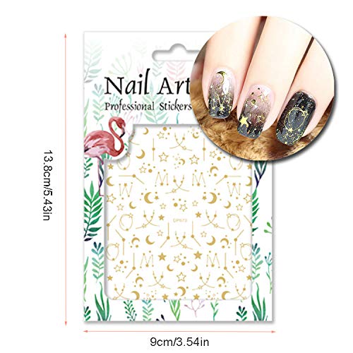 3D Gold Star Nail Art Stickers - Self Adhesive Metallic Nail Decals (6 Sheets) for DIY Manicure, Acrylic Nails & Nail Art Decorations - Luxury Moon & Money Design Nail Supplies - Perfect for Parties, Weddings, Holidays & Special Occasions