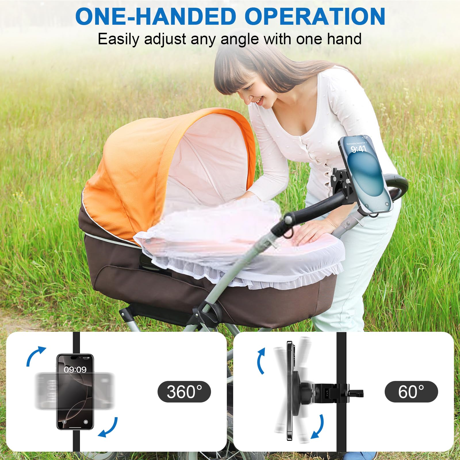 360° Rotating Magnetic Stroller Phone Holder - Aluminum Alloy Gym & Bicycle Mount for iPhone Samsung - Perfect for Baby Strollers, Golf Carts & Outdoor Activities