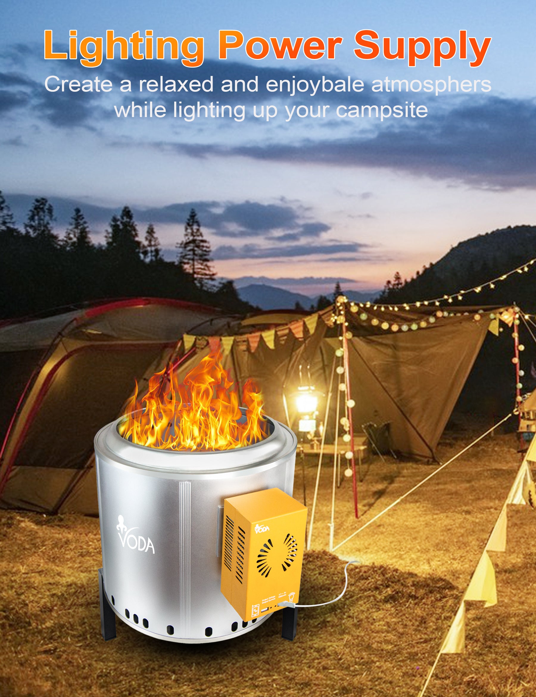 VODA 15'' Large Smokeless Fire Pit with Heat-Powered Generator - Portable Outdoor Camping Fire Pit for Phone Charging & Lighting Power Supply
