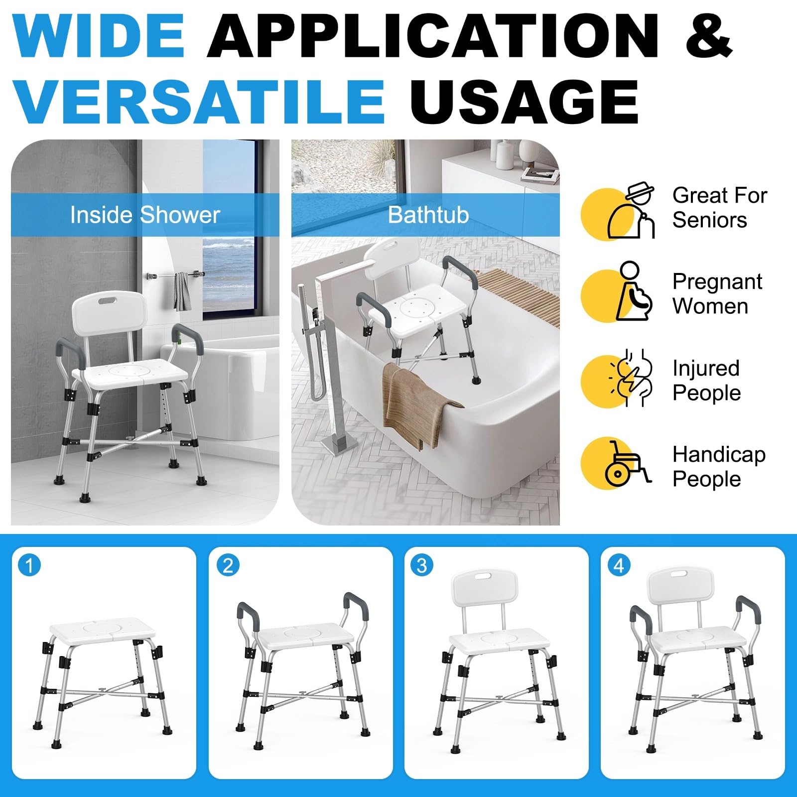 Extra Wide Shower Chair with Arms & Back Support - 500 lbs Heavy Duty Adjustable Bath Seat for Elderly, Disabled & Adults - Non-Slip Safety Crossbar for Bathtub & Shower - Ideal for Mobility Assistance & Bathroom Safety