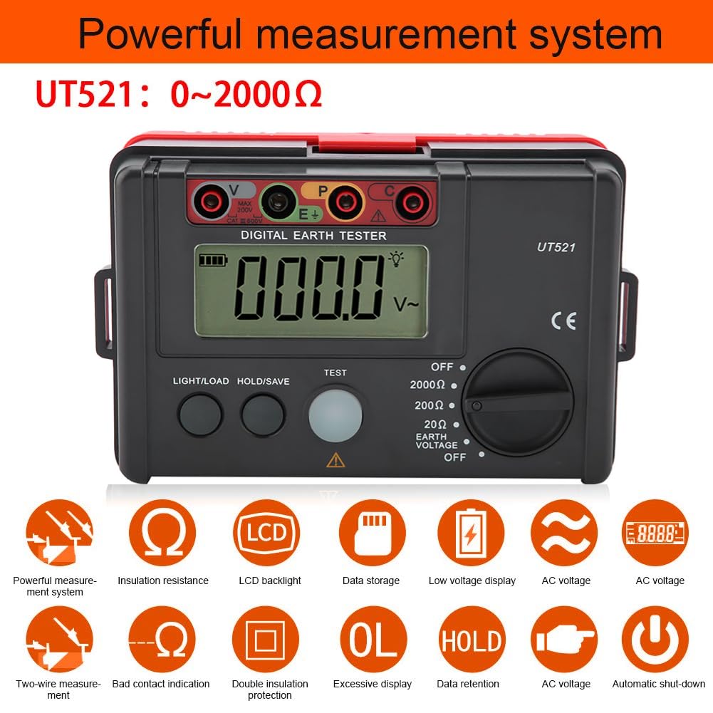 Premium UT521 Digital Earth Ground Insulation Tester Kit - Accurate Ohmmeter with Storage Case (50Hz/60Hz) for Electrical Safety Testing in Homes, Industrial Sites & Solar Installations