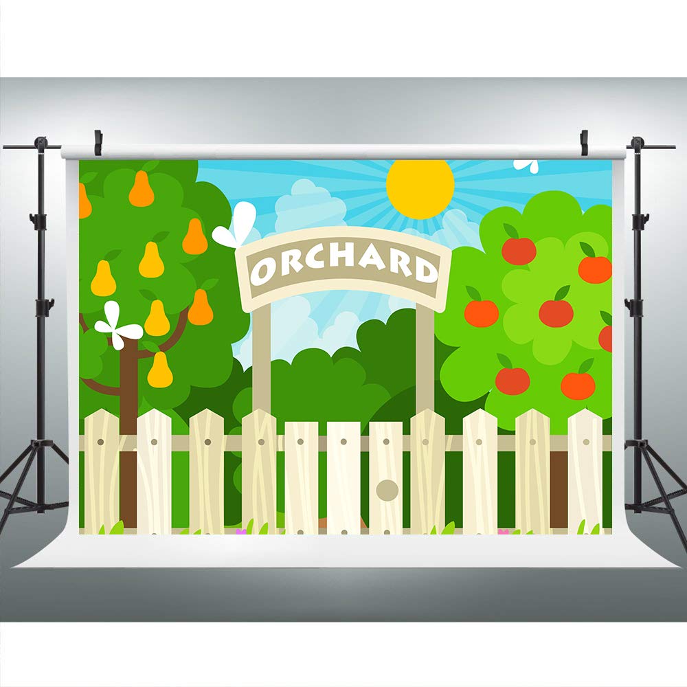 9x6FT Cartoon Orchard Apple Pear Tree Backdrop with Wood Fence & Blue Sky - Perfect for Birthday Parties, Baby Showers, Photo Booths, Cake Tables & Photography Props (LHLU807)