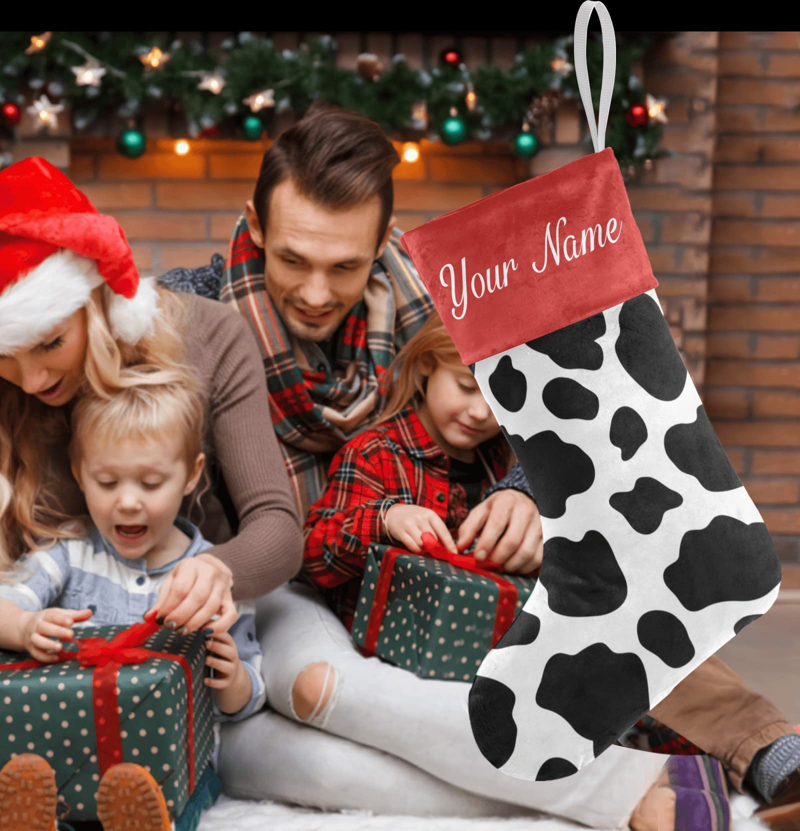 Personalized Cow Print Christmas Stockings - Black & White Custom Name Holiday Stocking Socks for Family, Party & Home Decor (17.52 x 7.87 Inch) - Perfect for Fireplace Mantel, Gift Exchange & Festive Holiday Celebrations