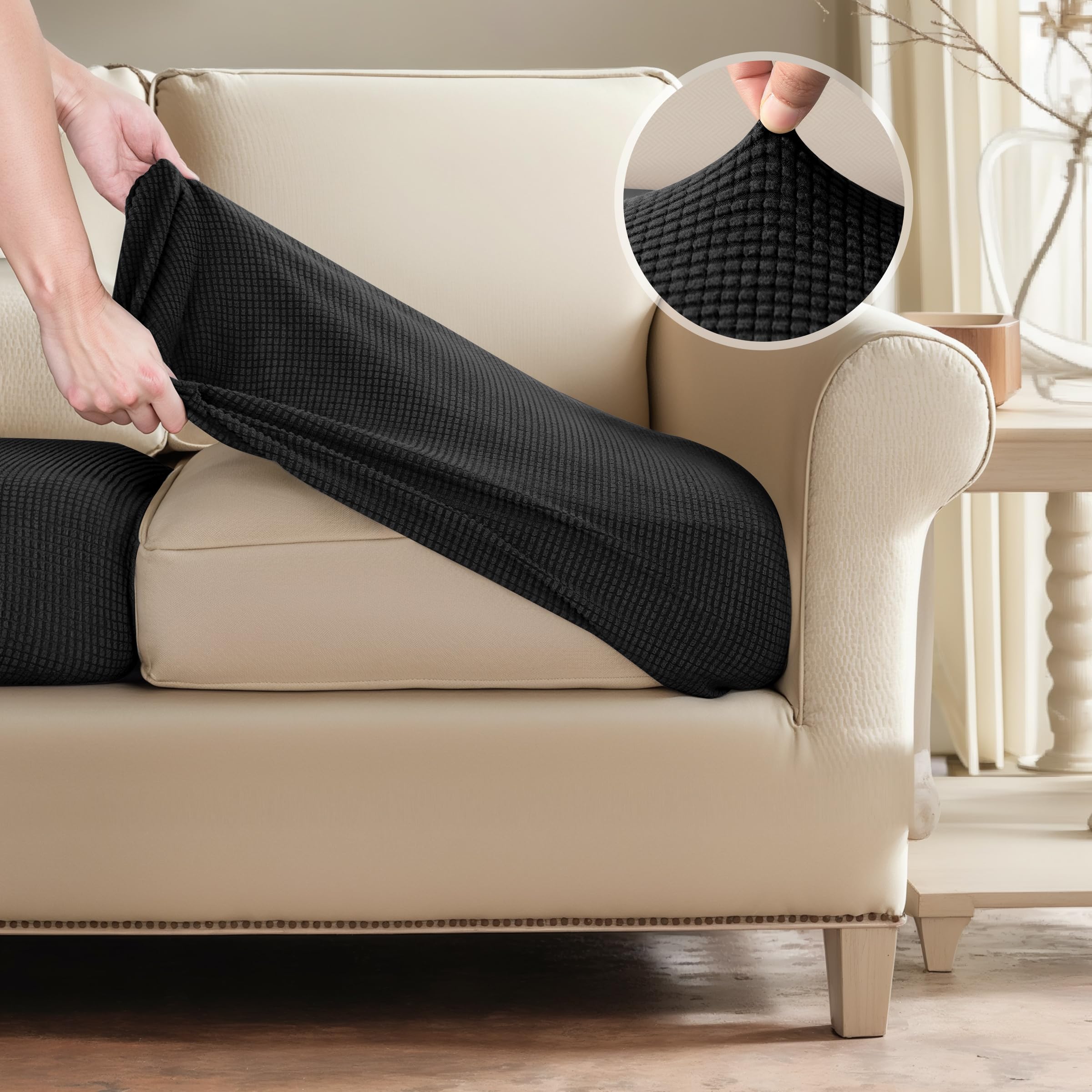 SUBRTEX Stretch Cushion Covers - 3 Pack Black Spandex Elastic Slipcovers for Couch, Sofa, Loveseat, RV & Chair Seats - Soft Furniture Protector for Home, Office & Travel Use
