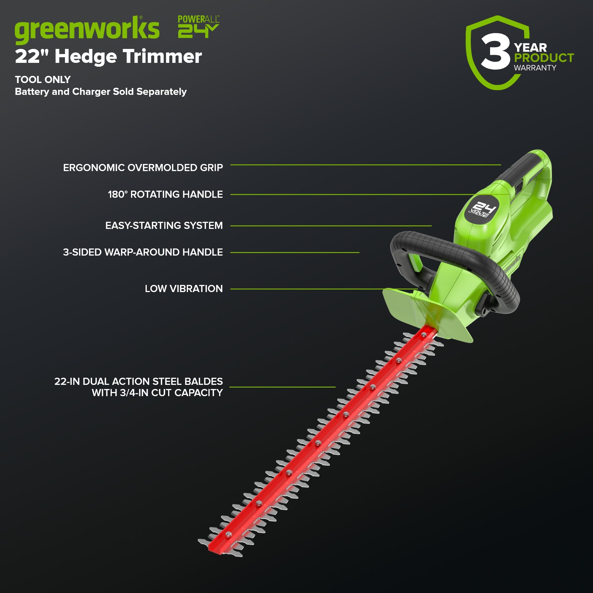 24V 22-Inch Cordless Battery Hedge Trimmer 2800 SPM with 4.0Ah USB Battery & Charger - Perfect for Lawn Care, Garden Trimming, and Landscaping